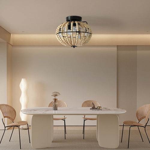 Beaded Fan Lamp Wooden Beaded Chandelier Oak White 