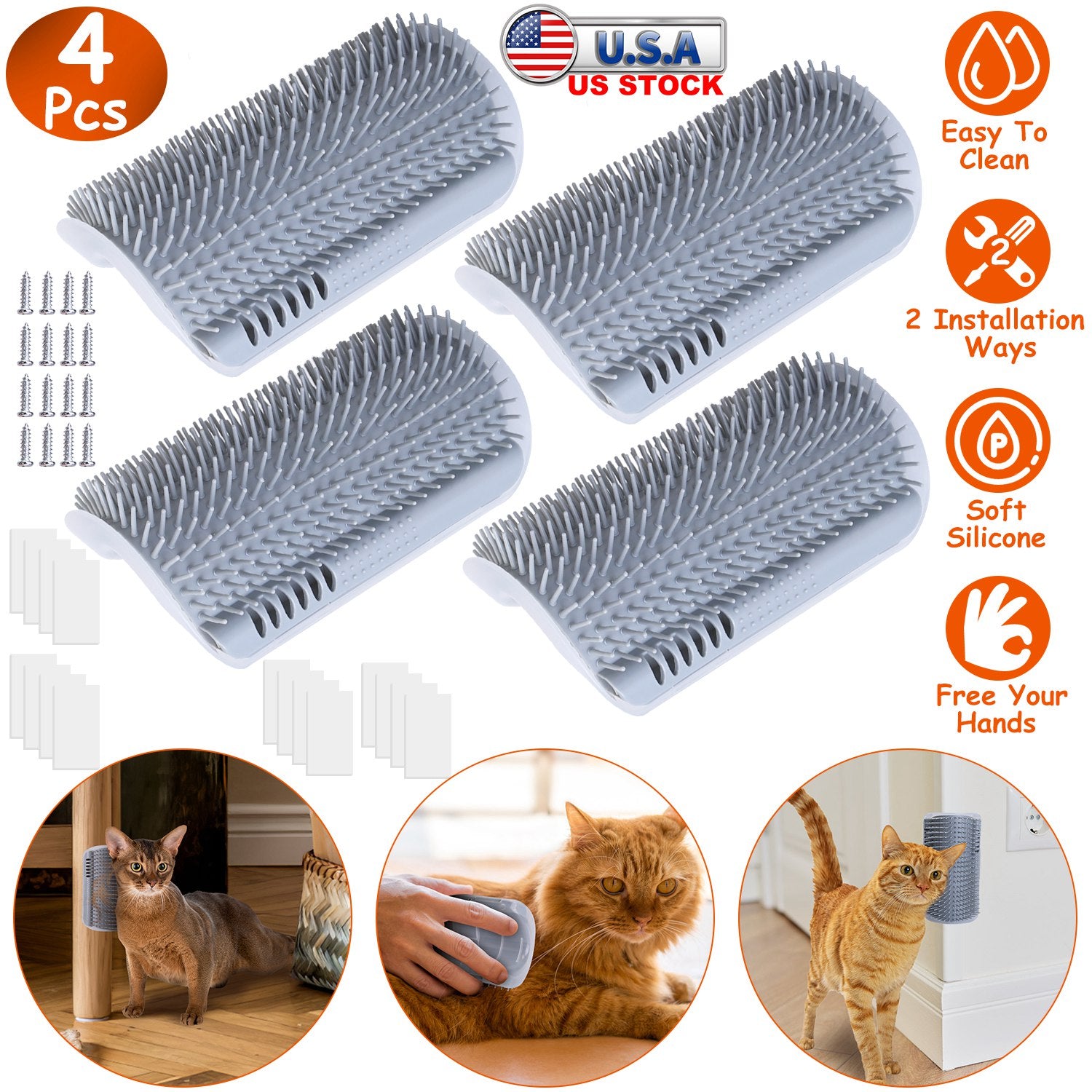 4Pcs Cat Self Groomer Soft Silicone Wall Corner Scratcher Pet Grooming Hair Brush Comb Massage Tool Kitten Indoor Long Short Fur