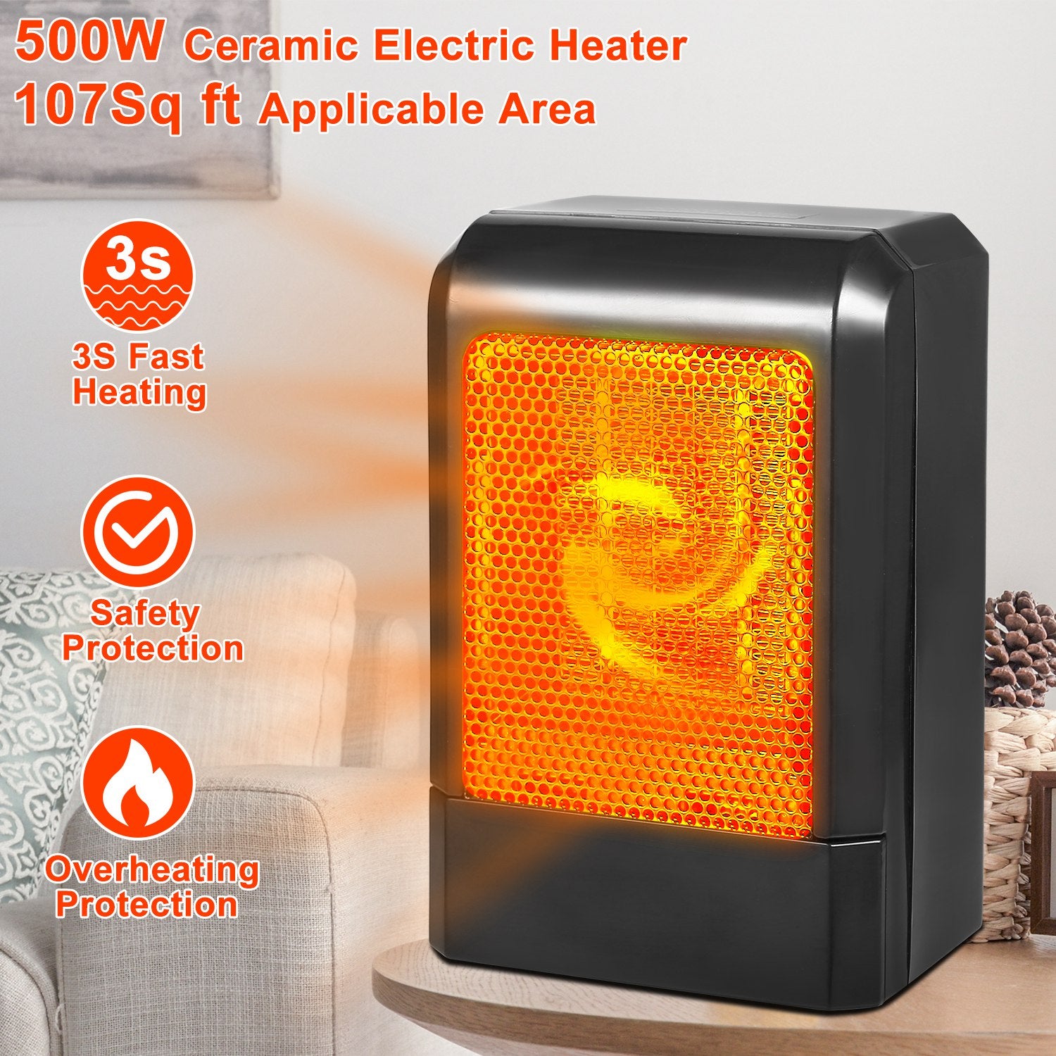 500W Portable Electric Heater PTC Ceramic Heating Fan 3S Heating Space For Home Office Use 