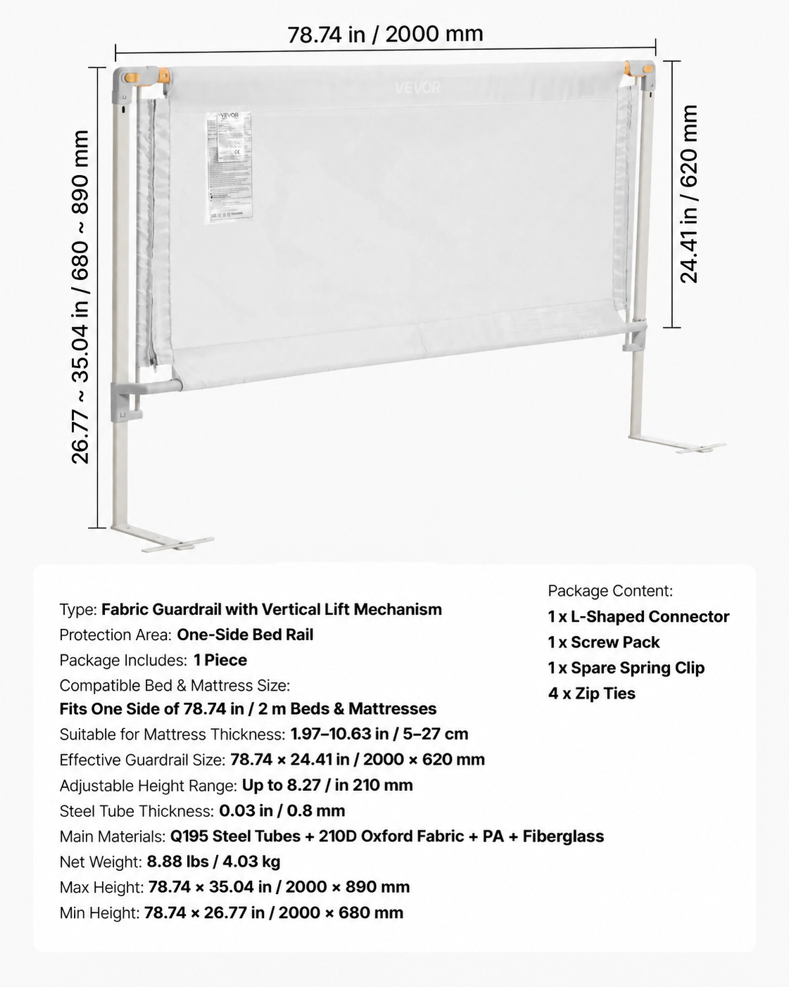 Adjustable Toddler Bed Rail Guard – 78.74-Inch Fold-Down Bed Safety Barrier with Reinforced Steel Frame & Washable Mesh
