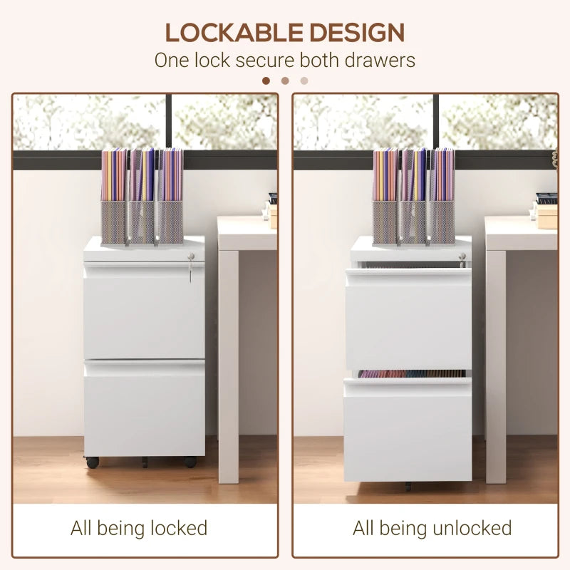 Mobile Vertical Filing Cabinet with Lock, 2-Drawer Steel File Cabinet with Adjustable Hanging Bar for Letter, A4 and Legal Size, White