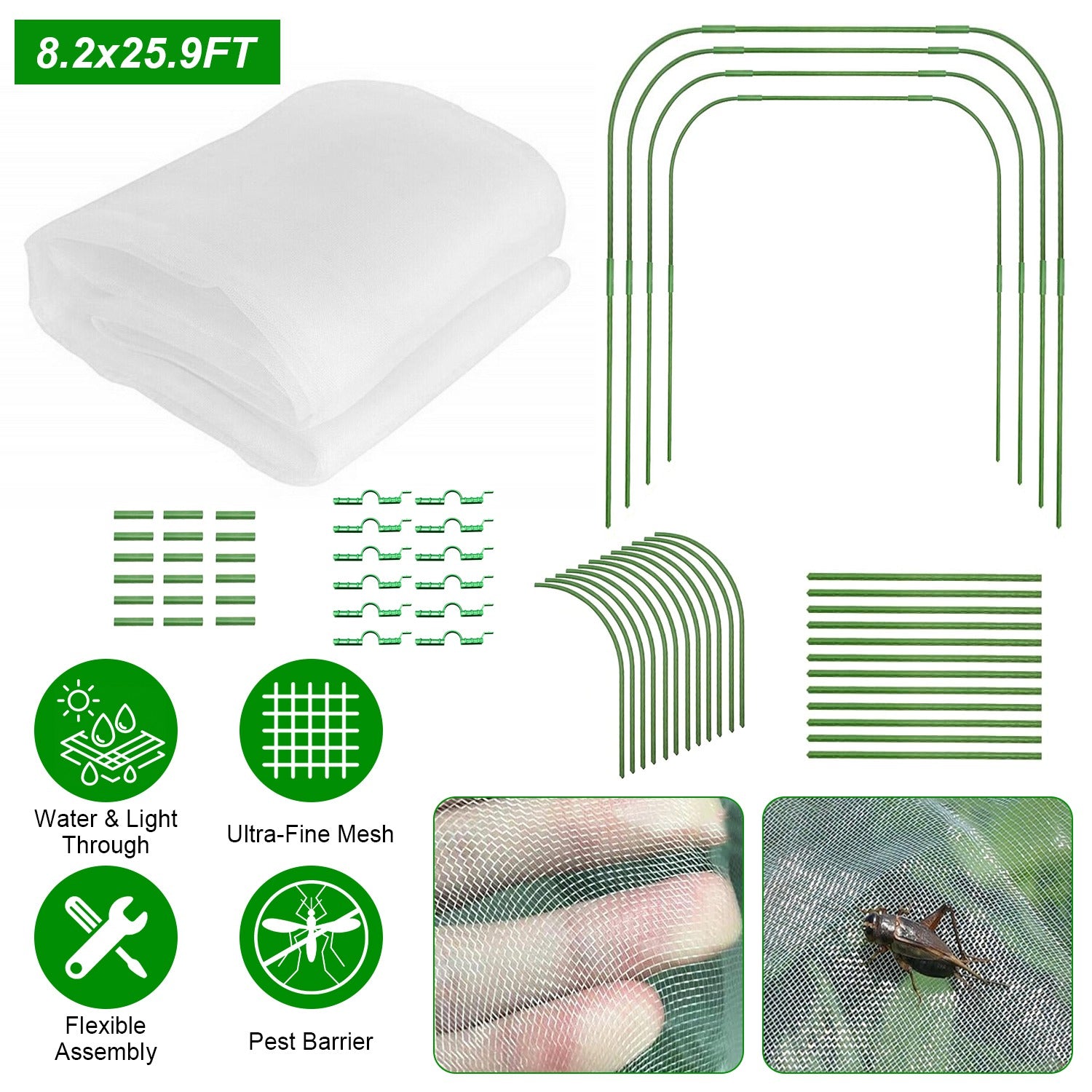 Garden Mesh Netting Kit With 8.2x25.9FT Ultra Fine Screen Mesh 12 Clips 6Pcs Garden Hoops Greenhouse Raised Bed Plant Covers Garden Barrier For Vegeta 