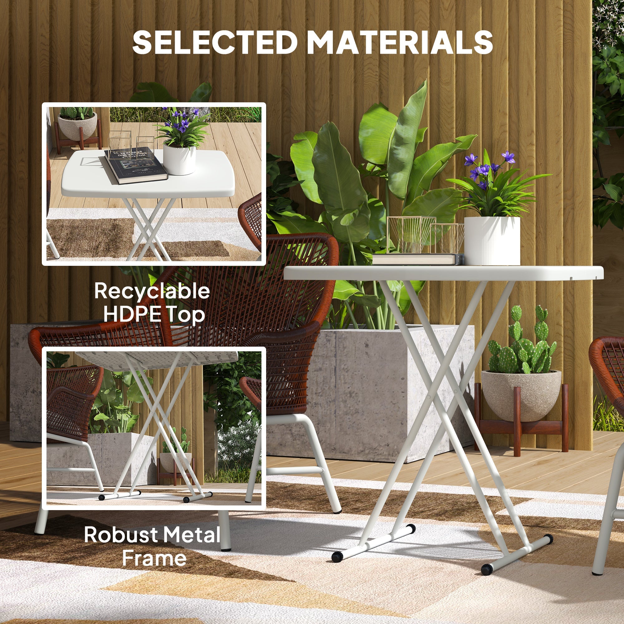 Outsunny Portable Patio Side Table, Height Adjustable Outdoor Side Table, Folding Balcony Table with HDPE Top and Metal Frame for Balcony Poolside Deck, White 