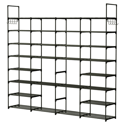 8-Tier 4-Row Shoe Rack Metal Shoe Storage Shelf Free Standing Large Shoe Stand 56 Pairs Shoe Tower Unit Tall Shoe Organizer with 2 Hooks for Entryway 