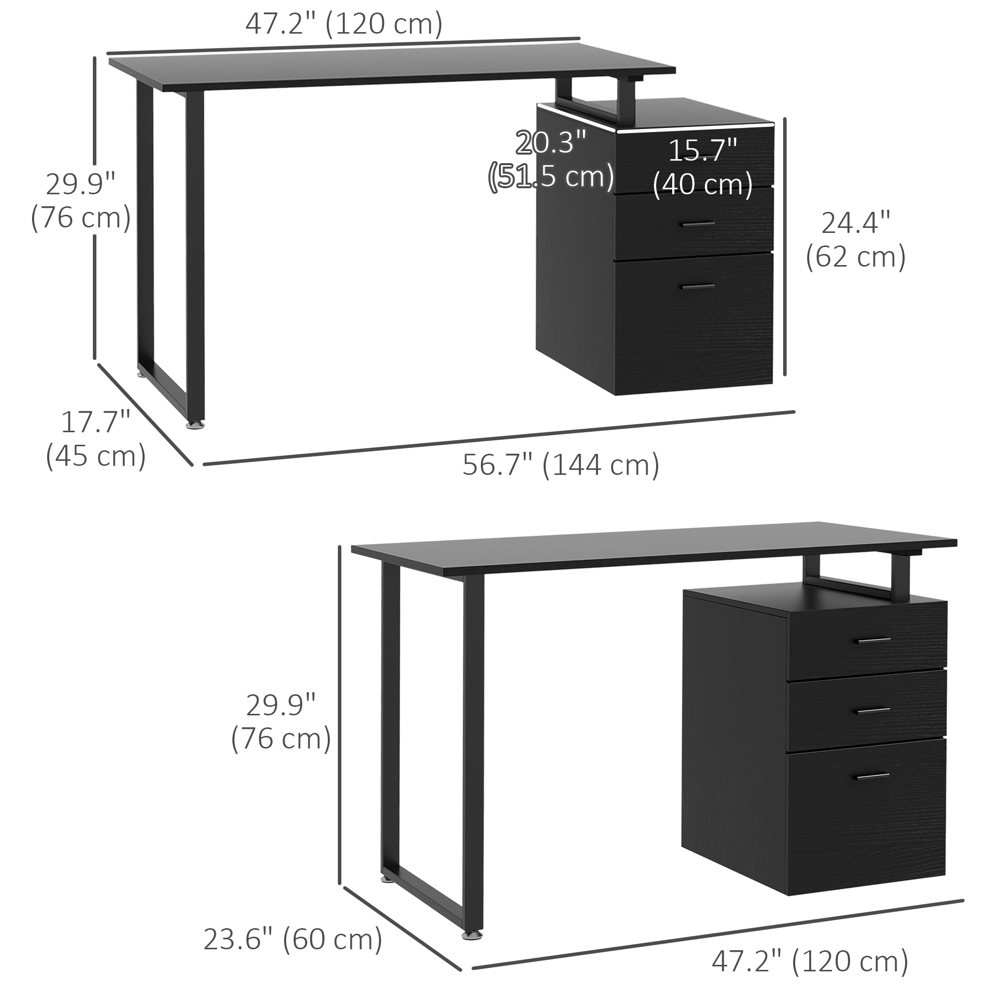HOMCOM Elegant Office Desk: 47" Workstation with Drawers & File Cabinet for Home Office Study, Black Finish 