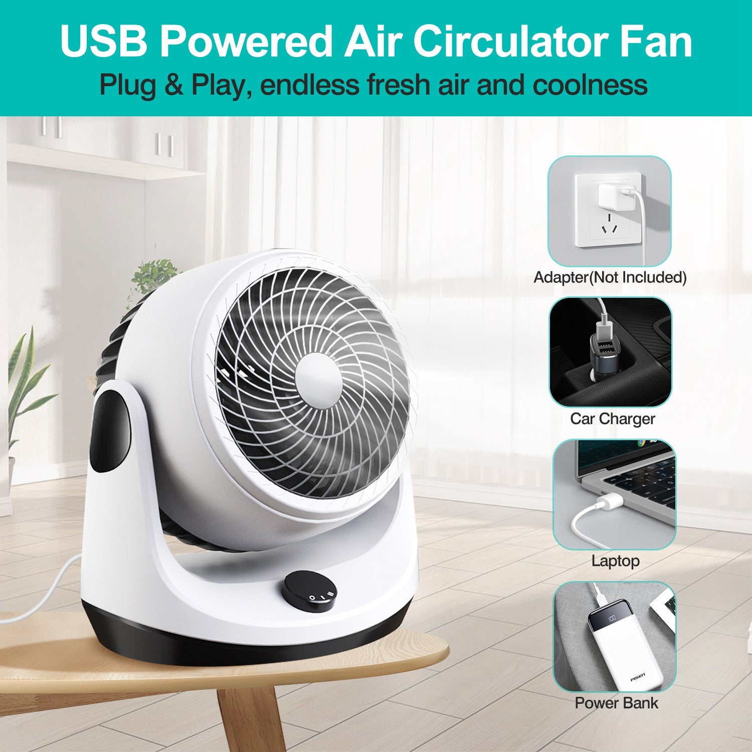 Table Desktop Fan Air Circulator Office Fan with 2 Speeds 270° Adjustable Head USB Plug Play for Room Office Kitchen Office 