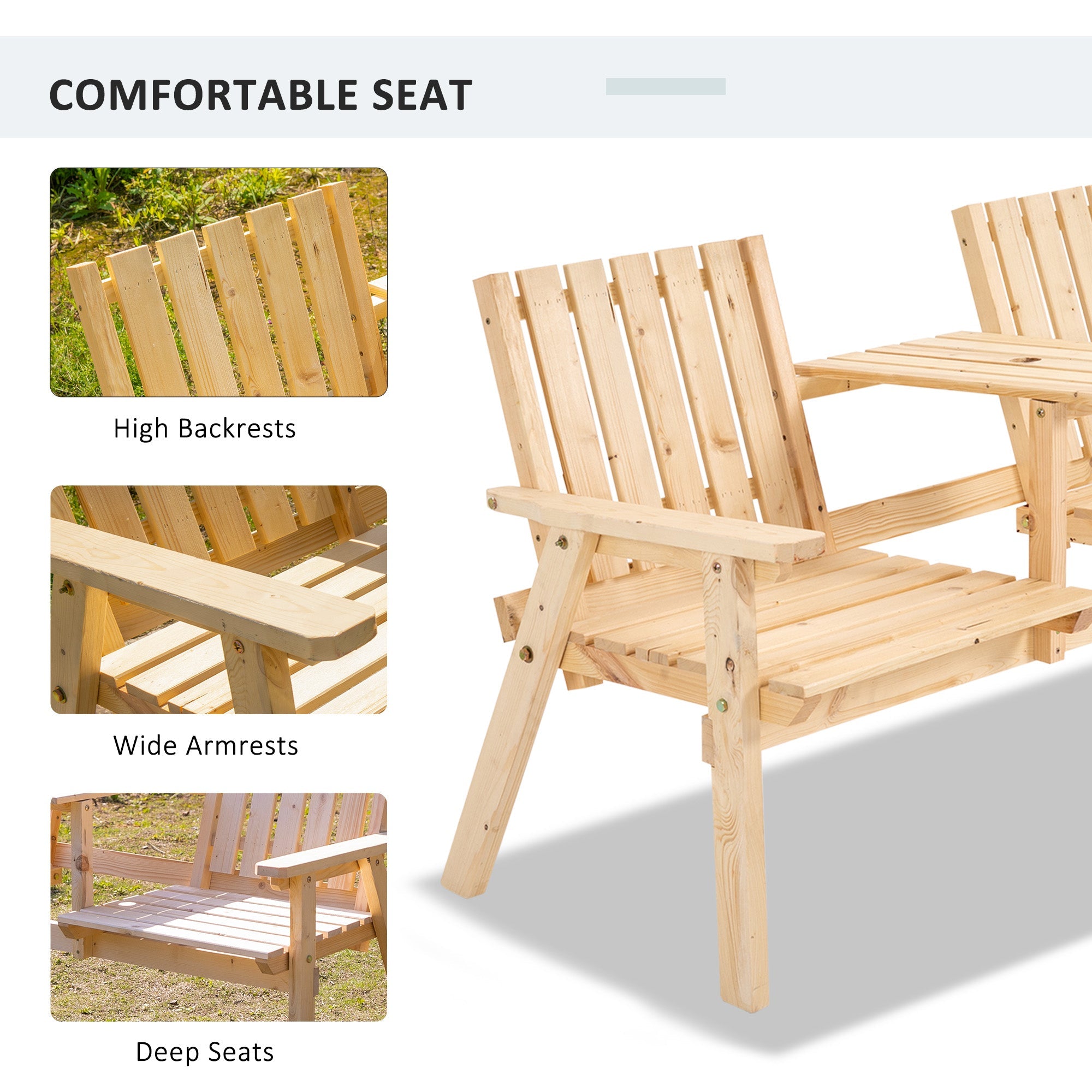 Outsunny Garden Bench for 2 Persons with Middle Table and Umbrella Hole, 2-Seater Outdoor Wooden Bench with Slat Design, Natural 