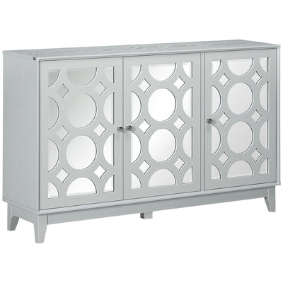 HOMCOM Grey Mirrored Door Buffet Table: Sideboard Kitchen Bar Cabinet with 3 Doors, 2 Cabinets and Adjustable Shelf 