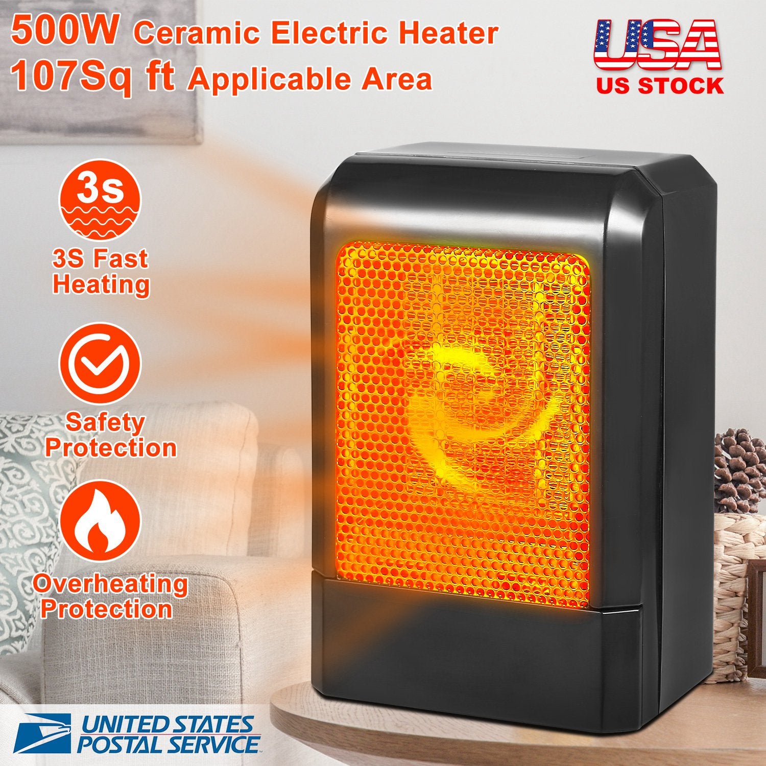 500W Portable Electric Heater PTC Ceramic Heating Fan 3S Heating Space For Home Office Use 