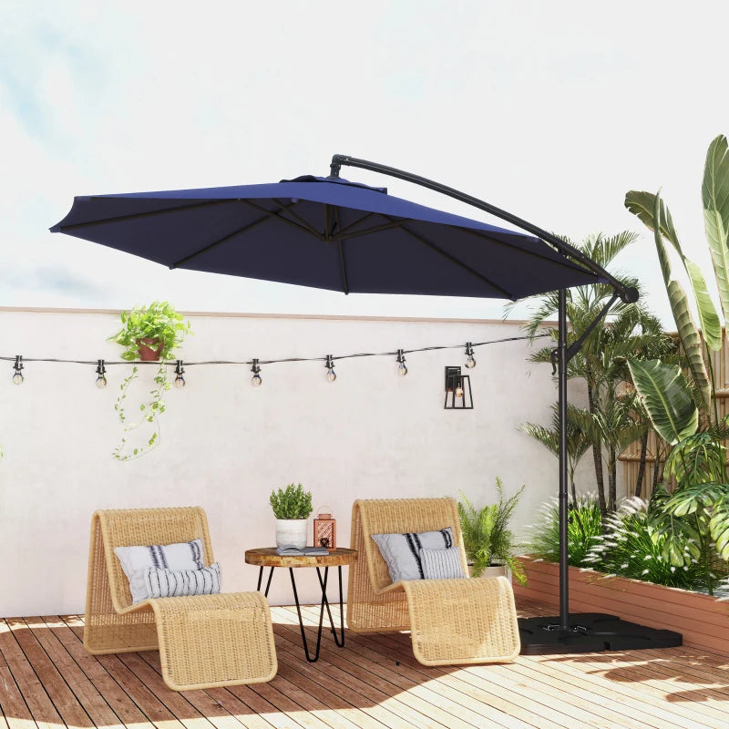 9.6ft Offset Patio Umbrella Garden Hanging Parasol Banana Cantilever Umbrella with Base, Crank, Navy Blue