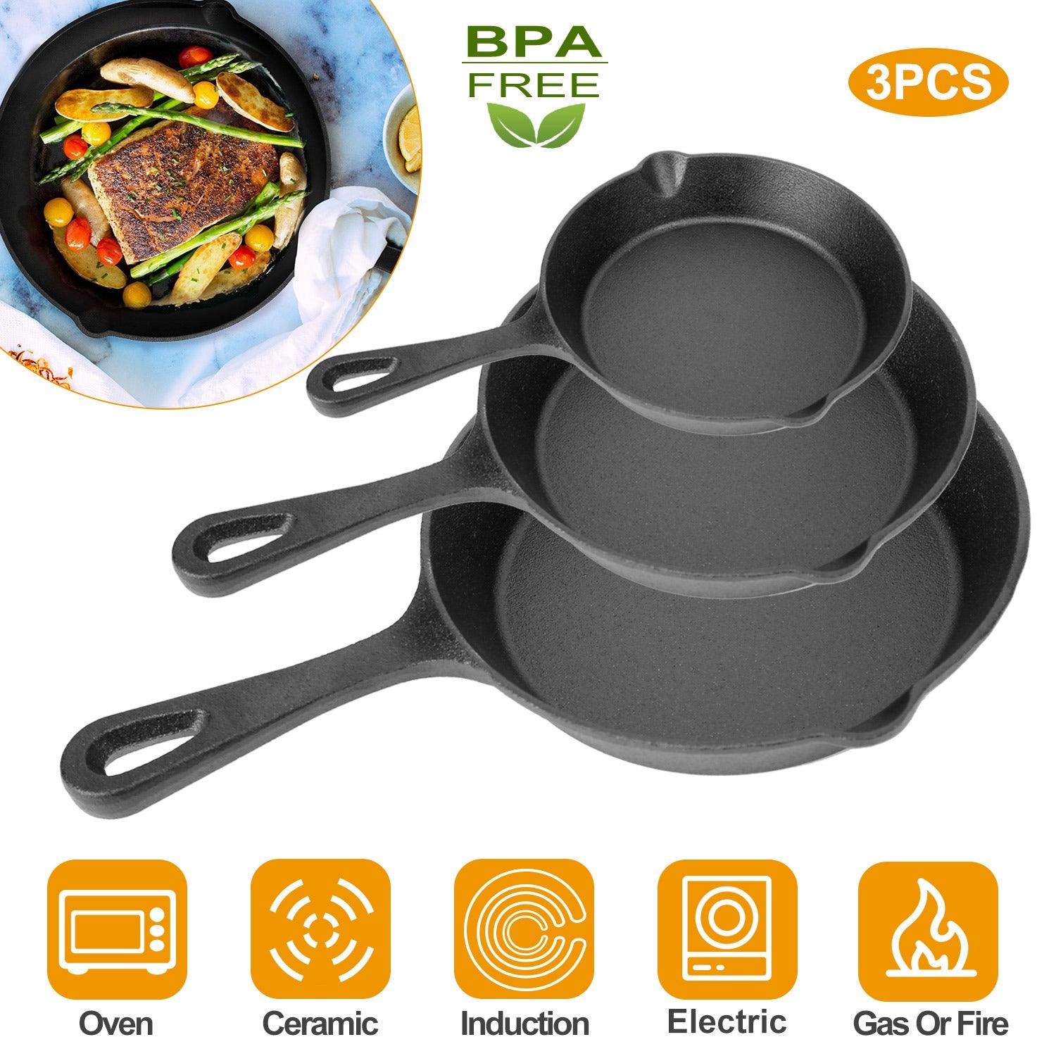 3Pcs Pre-Seasoned Cast Iron Skillet Set 6/8/10in Non-Stick Oven Safe Cookware Heat-Resistant Frying Pan 