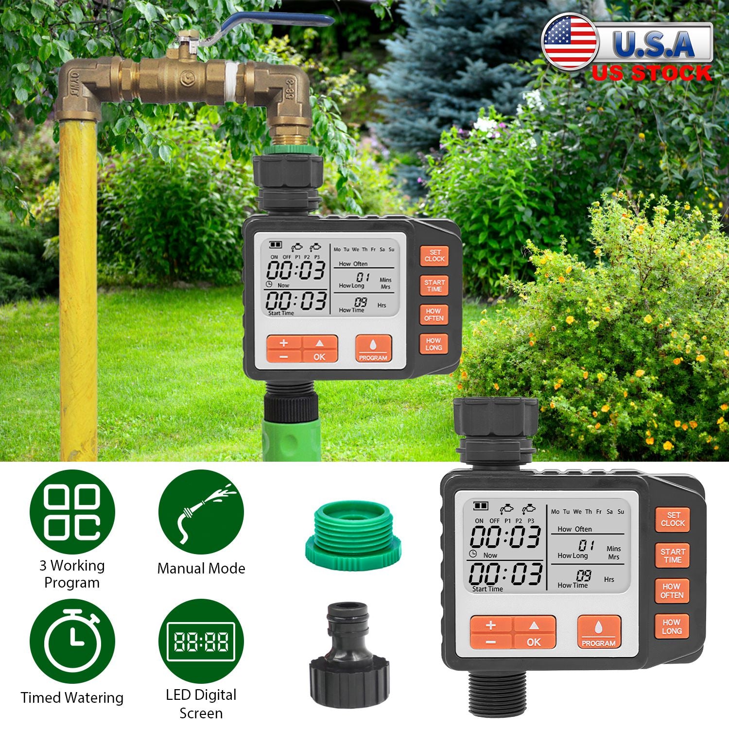 Sprinkler Timer with 3 Watering Programs Manual Mode Automatic Watering System Waterproof Irrigation Timer House Faucet Timer For Garden Yard Lawn