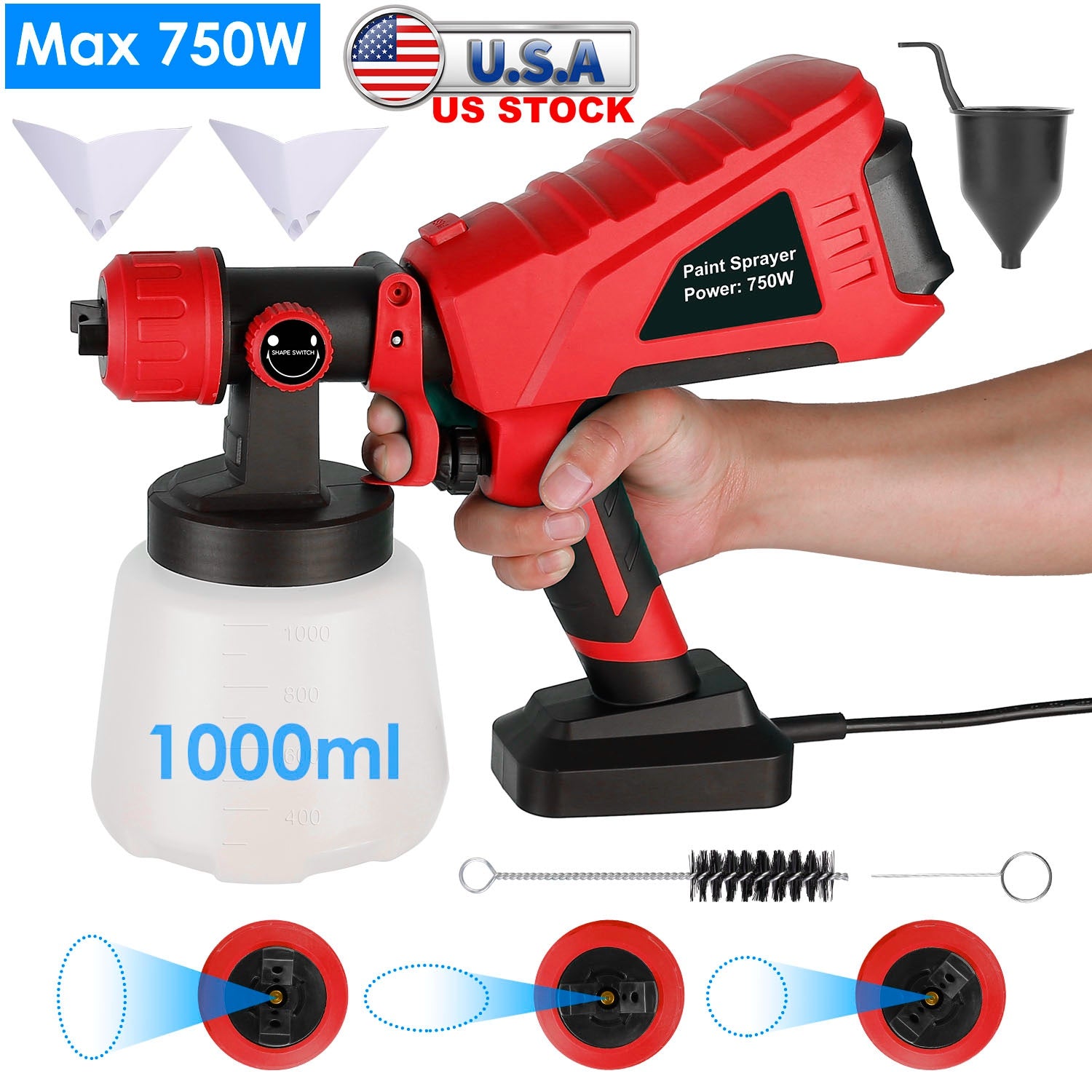 750W Electric Paint Sprayer Handheld HVLP Spray Painter Painting Spray Gun For Fences Brick Walls w/ 3 Spray Patterns 1000ML Detachable Cup