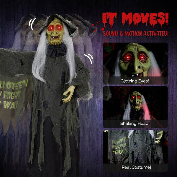6ft Eye Red Light Vibration Witch Sound Voice Control, Standing Guiding Witch, Battery Model - Batteries Not Included, Halloween Standing Decoration 