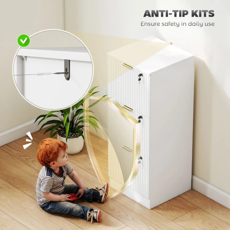 Lockable Filing Cabinet with 3 Fluted Drawers, File Cabinet with Adjustable Hanging Rails for A4 Letter Files, White