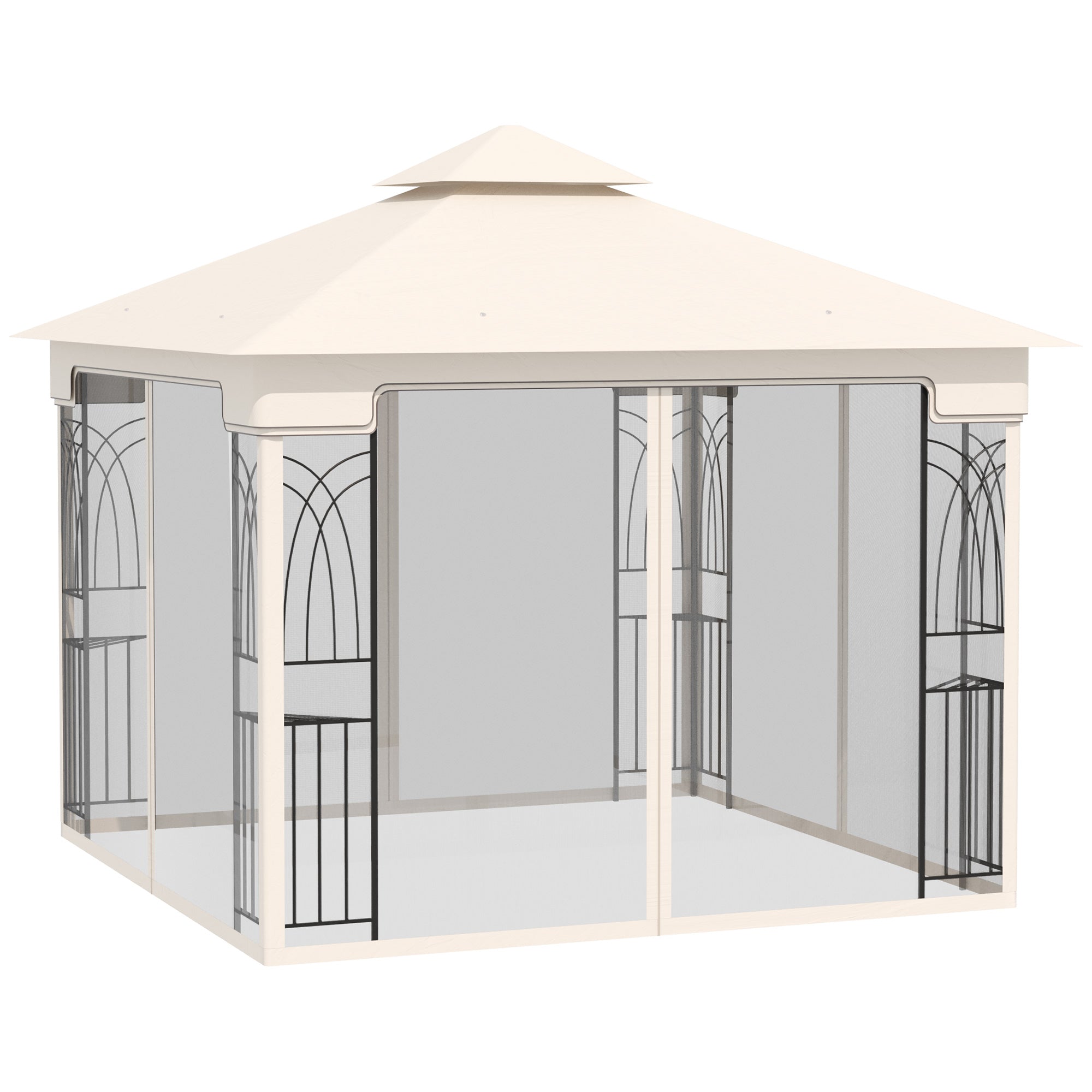 Outsunny 10'x10' Soft-top Patio Gazebo with Double Tier Roof, Mesh Curtains, Display Shelves, Top Hooks, Cream 