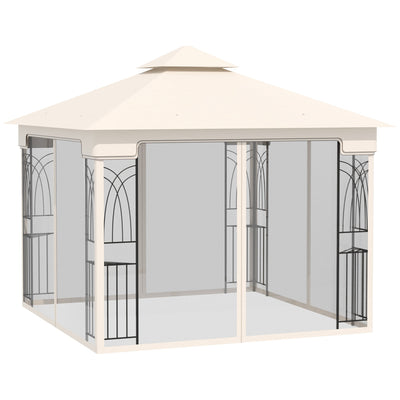 Outsunny 10'x10' Soft-top Patio Gazebo with Double Tier Roof, Mesh Curtains, Display Shelves, Top Hooks, Cream 