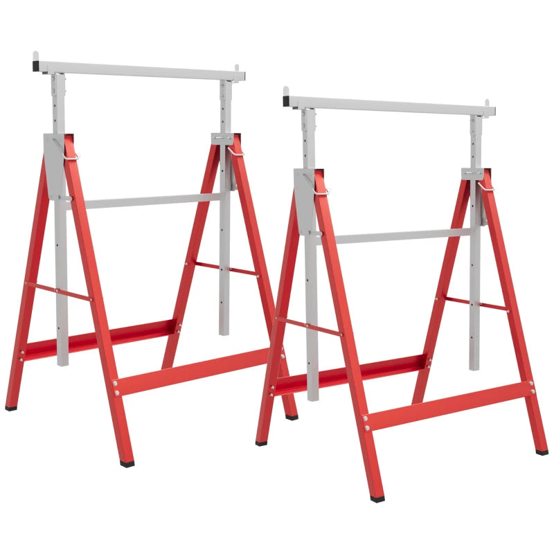 Set of 2 Adjustable Telescopic Builders Trestle, DIY Steel Work Bench Carpenter, Folding Saw Horse Tools Red