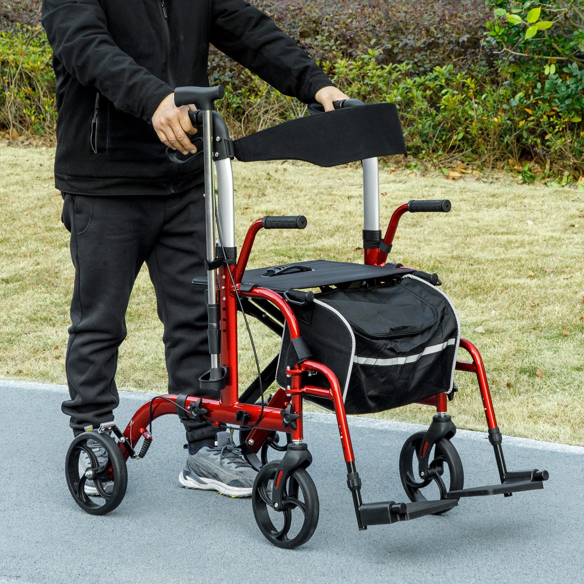 HOMCOM Rollator Walker with Seat, Folding Rolling Walker with 8" Wheels, Walker for Seniors with Adjustable Height, Red 