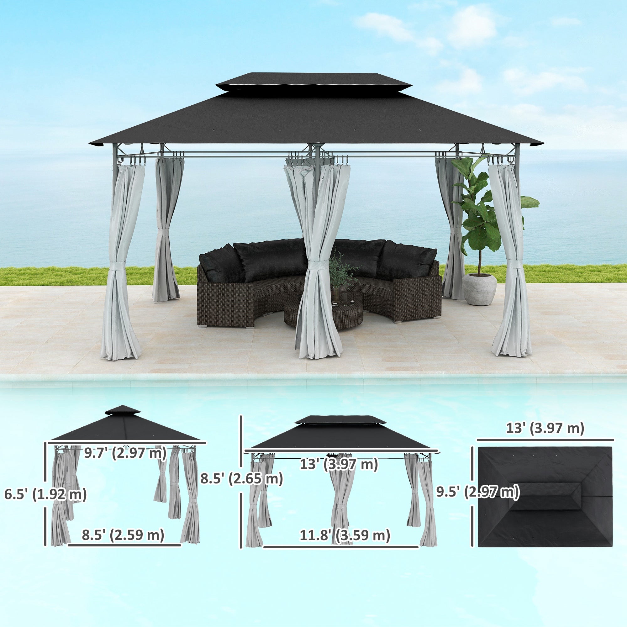 Outsunny 10' x 13' Double Roof Patio Gazebo, Outdoor Gazebo with Curtains, for Garden, Lawn, Backyard and Deck, Dark Grey 