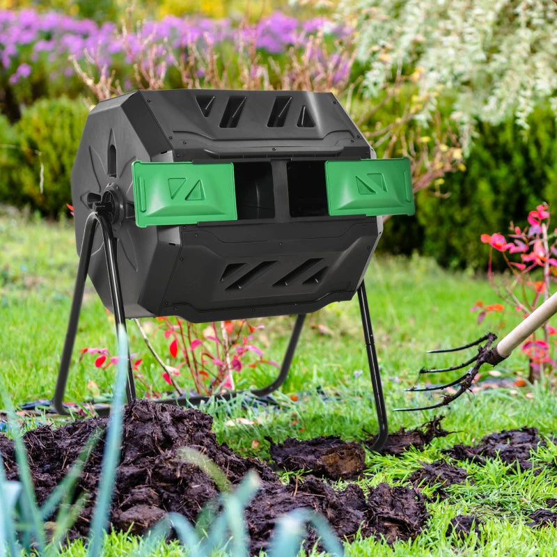 Tumbling Compost Bin Outdoor Dual Chamber 360° Rotating Composter 43 Gallon with Sliding Doors, Green