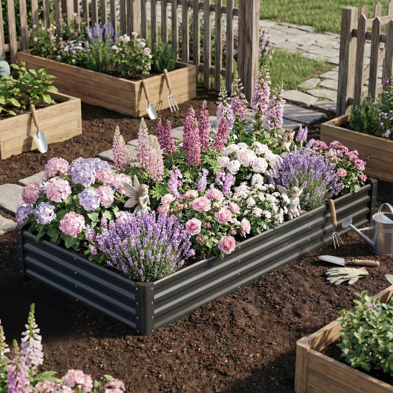 8 x 4 x 1ft Galvanized Raised Garden Bed, Reinforced Outdoor Planter Box with Open Bottom, Dark Grey