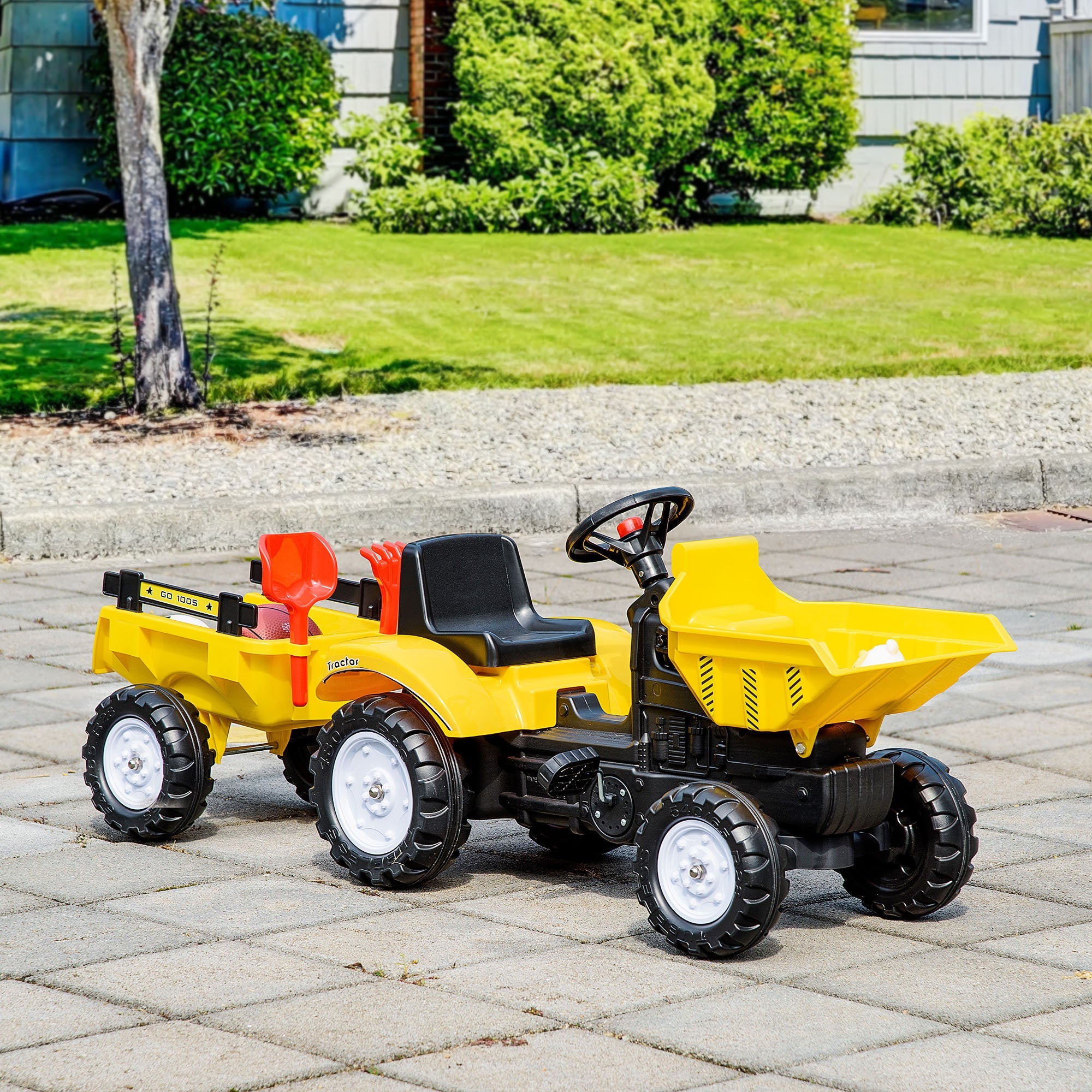 Aosom Yellow Pedal Ride On Dump Truck Front Loader Kids Ride-On Construction Tractor with Trailer 