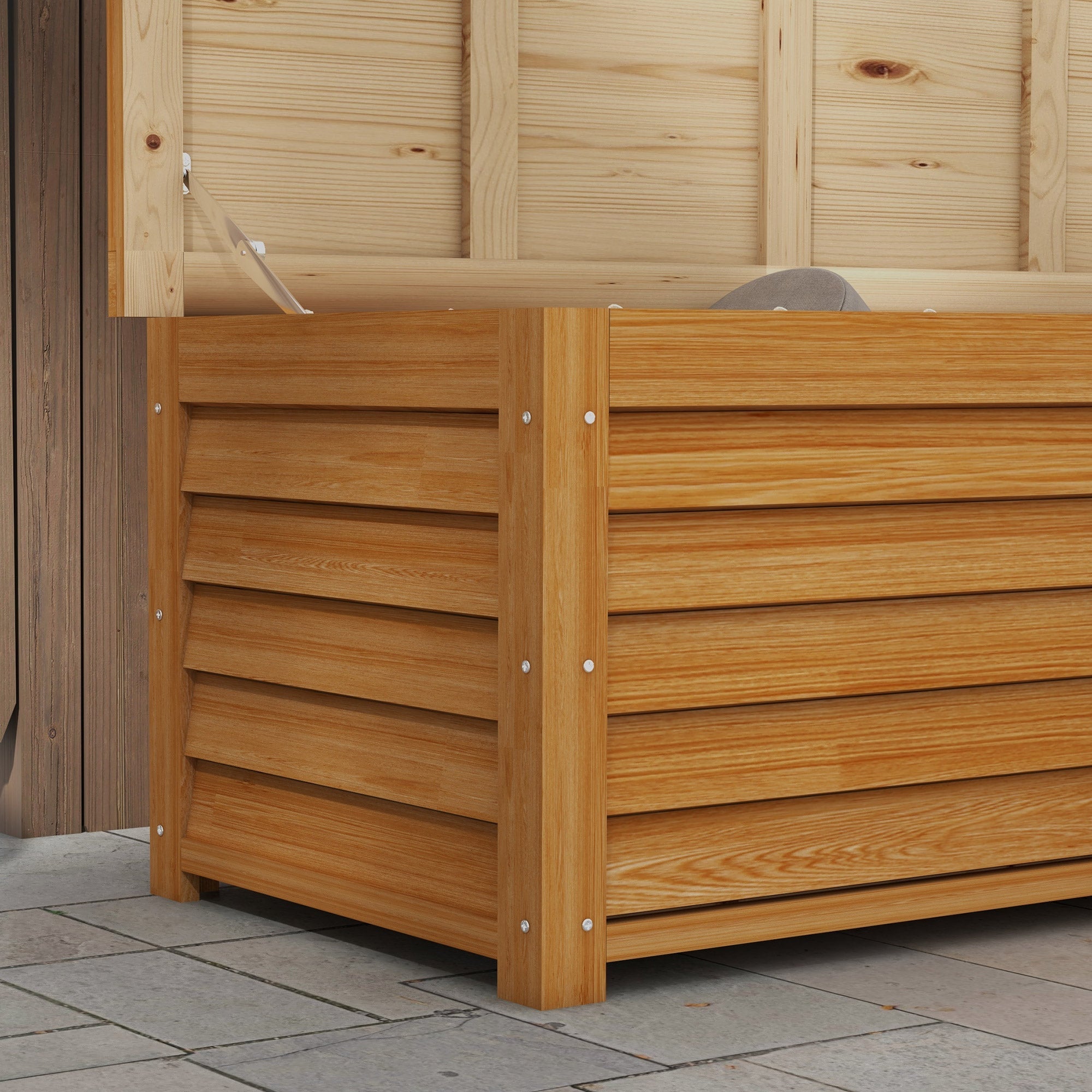 Outsunny 176L Outdoor Storage Box, Wooden Deck Storage Container with 2 Safety Hinges for Balcony, Porch, Poolside, Light Brown 