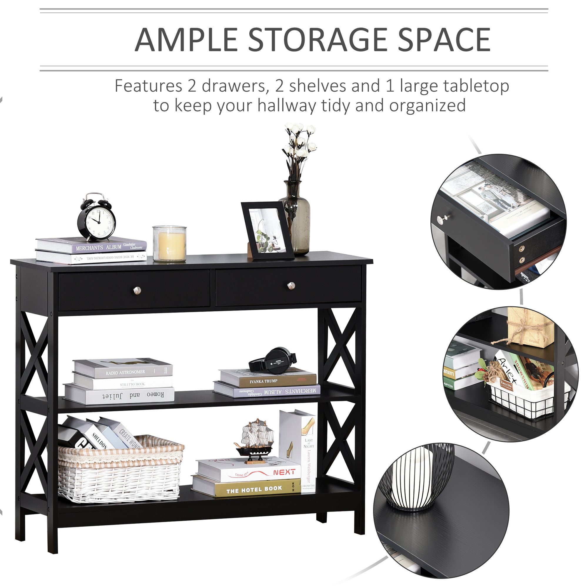 HOMCOM Sofa Side Table Console with Storage Shelves Drawers for Living Room Entryway X Frame Black 