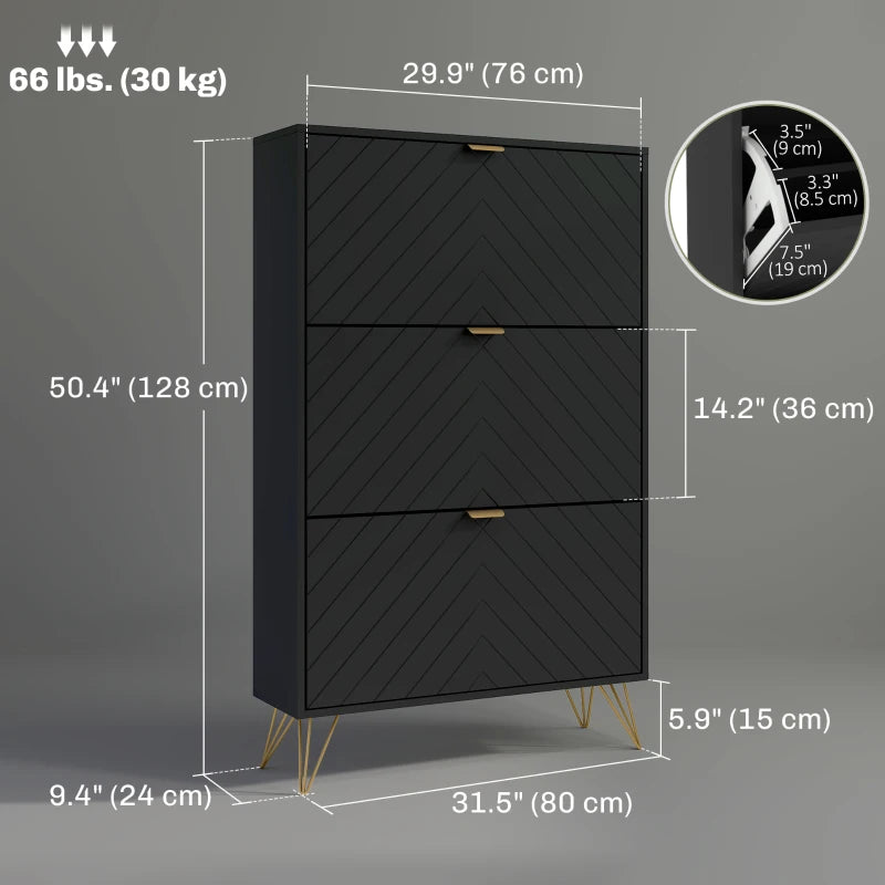 Modern Shoe Storage Cabinet with 3 Flip Drawers for 18 Pairs, Narrow Shoe Organizer for Entryway, Hallway, Black