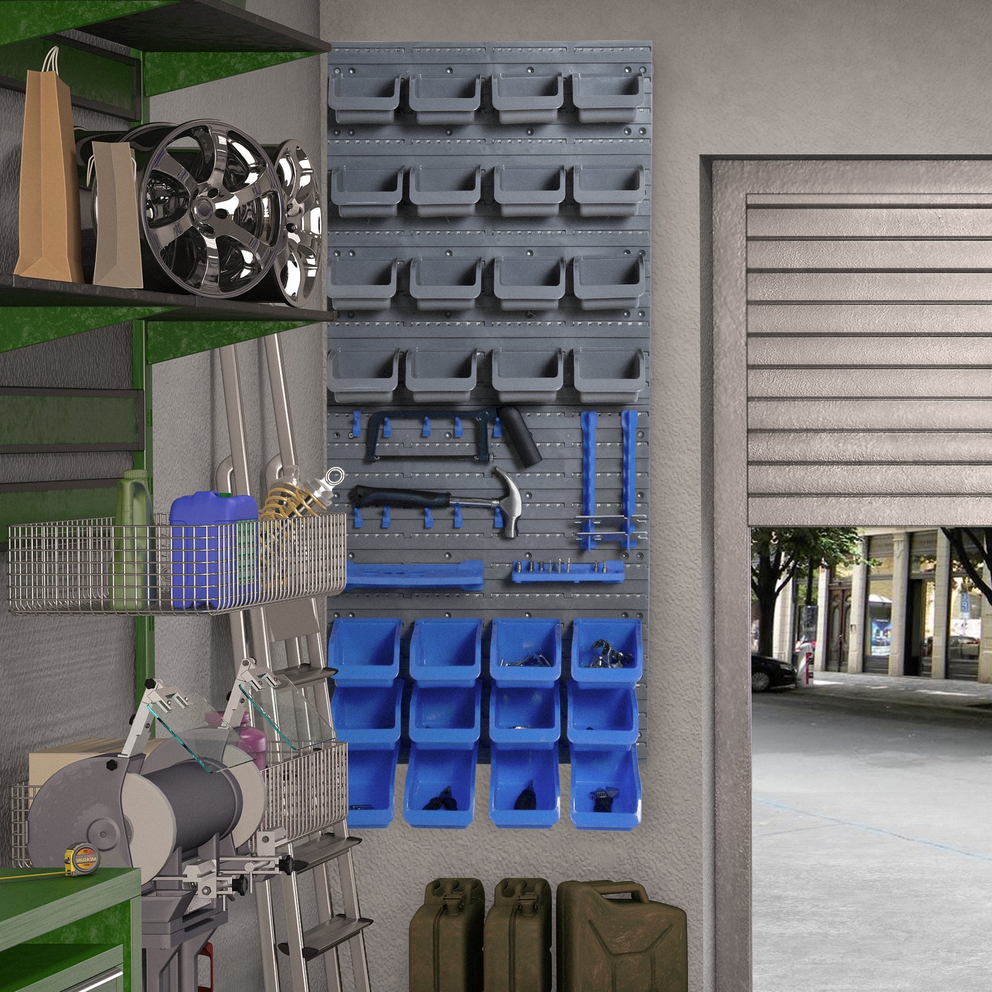 DURHAND Wall Storage System: 44-Bin Pegboard Organizer with Hooks for Garage Tool Storage, Blue 
