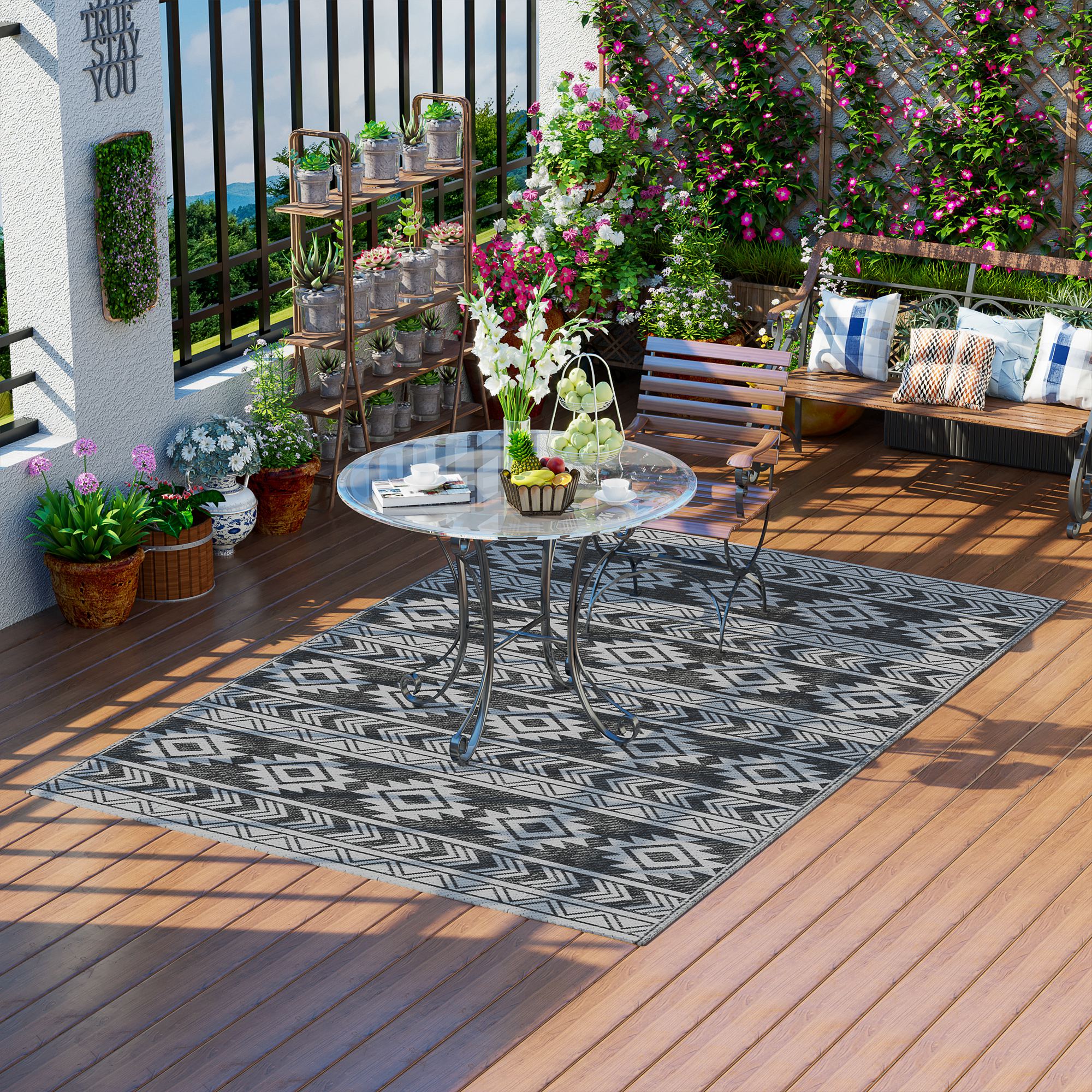 Outsunny Reversible Outdoor RV Rug, Patio Floor Mat, 6' x 9' Plastic Straw Rug for Backyard, Deck, Beach, Camping, Black & Grey 