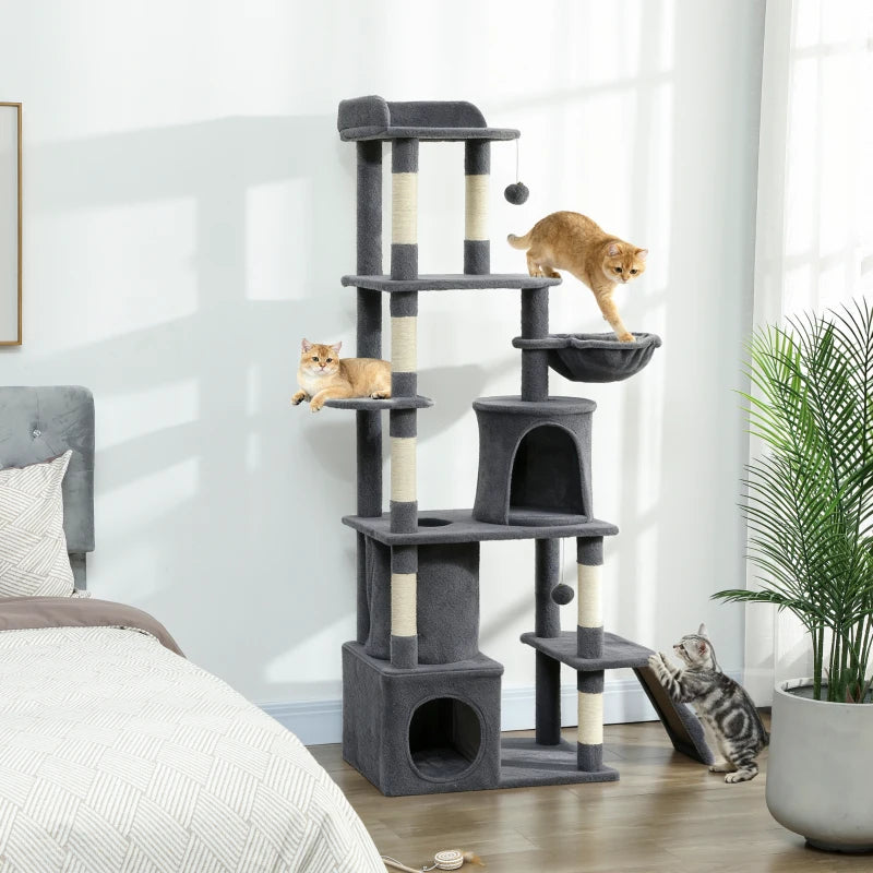 67" Large Cat Tree with 7 Scratching Posts, Tunnel, 2 Condos, Hammock, Perch, Ramp, Pompoms, Dark Grey