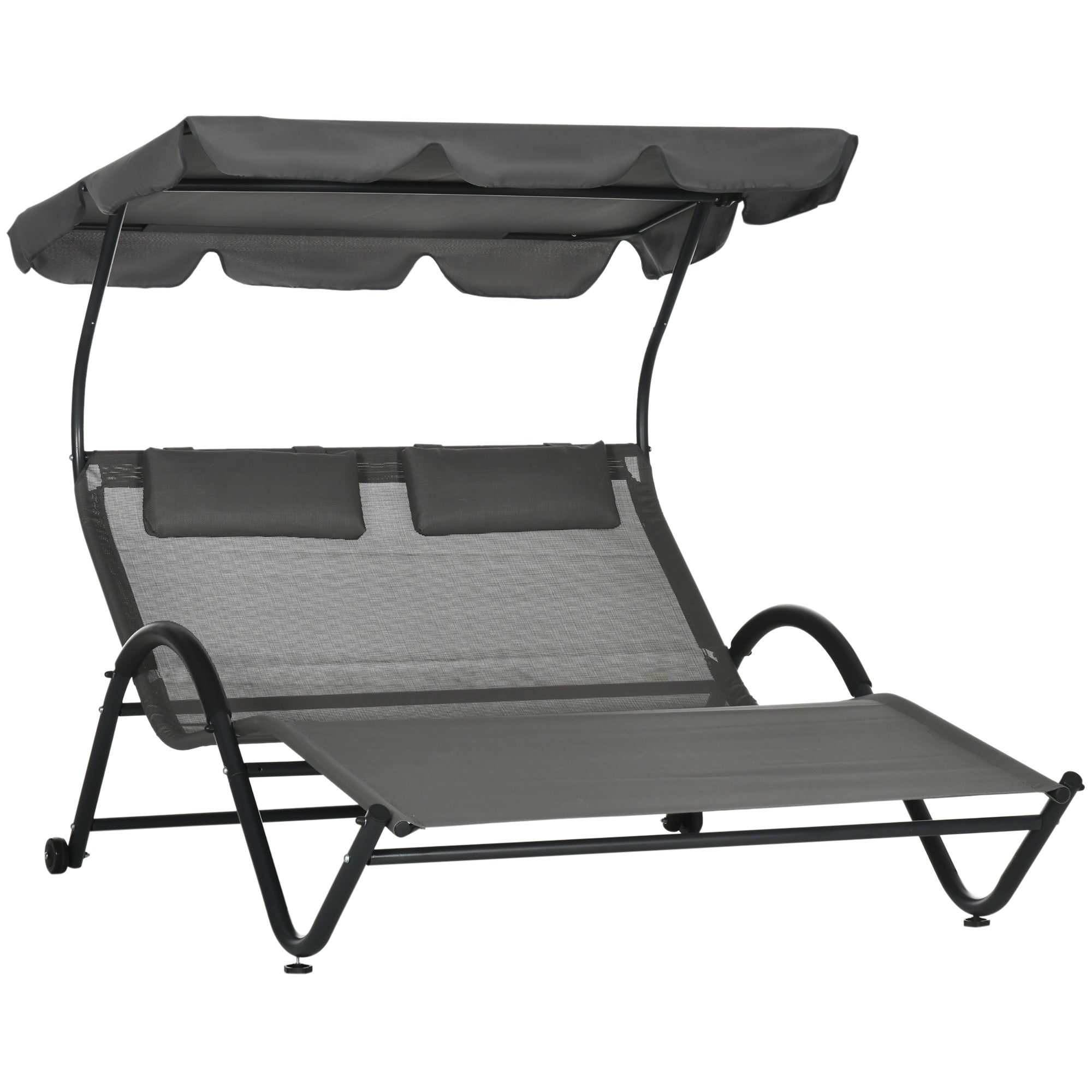 Outsunny Outdoor Patio Chaise Lounge Chair w/ Sunshade Roof, for Two People with Wheels and Breathable Sling Mesh Bed, Pillows 