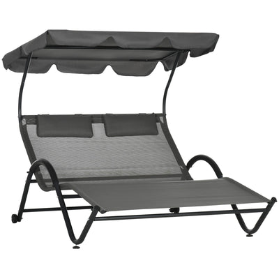 Outsunny Outdoor Patio Chaise Lounge Chair w/ Sunshade Roof, for Two People with Wheels and Breathable Sling Mesh Bed, Pillows 