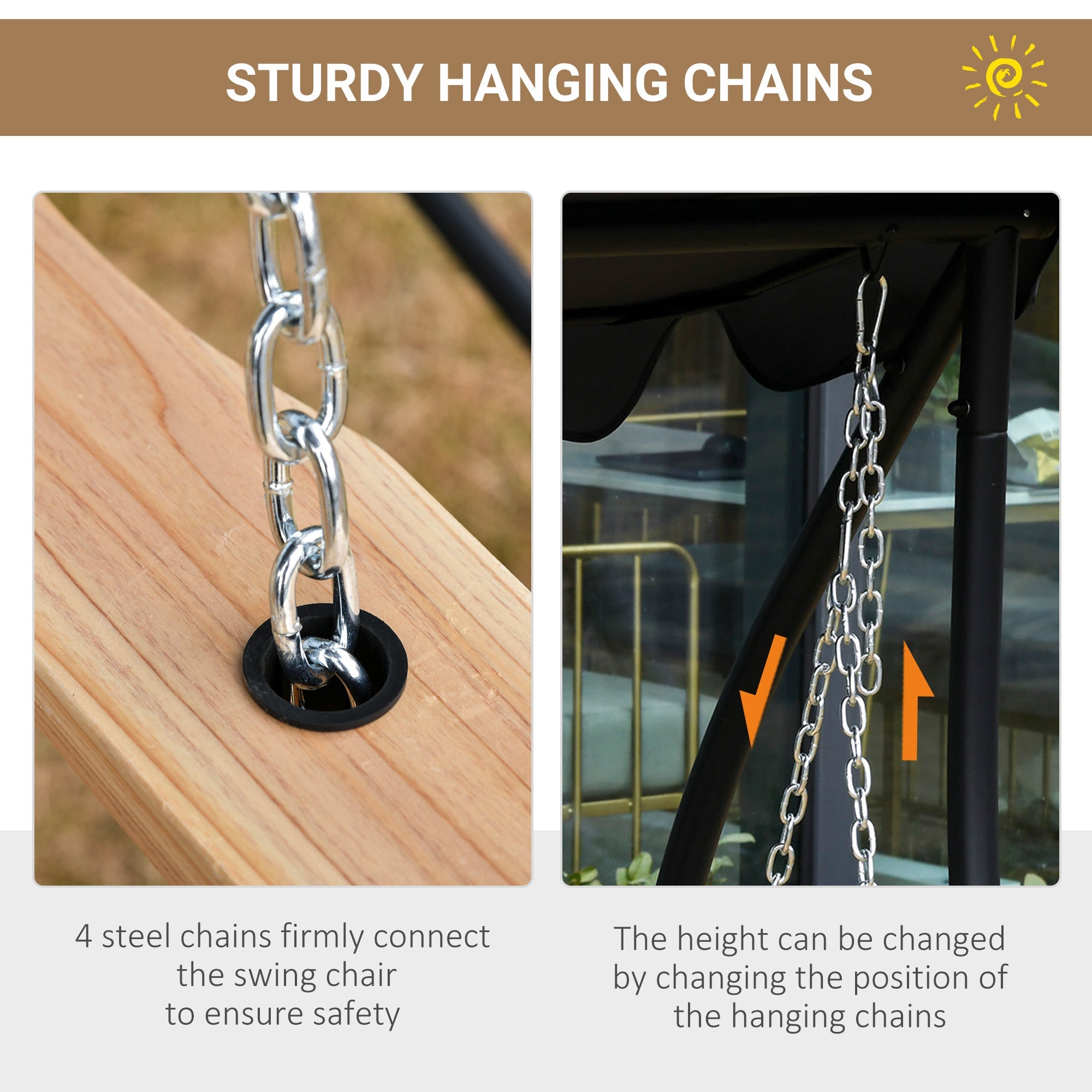 Outsunny 3-Seater Patio Swing Chair with Foldable Table & Cup Holders, Durable Wood Porch Swing, Steel Chains, Natural Finish 
