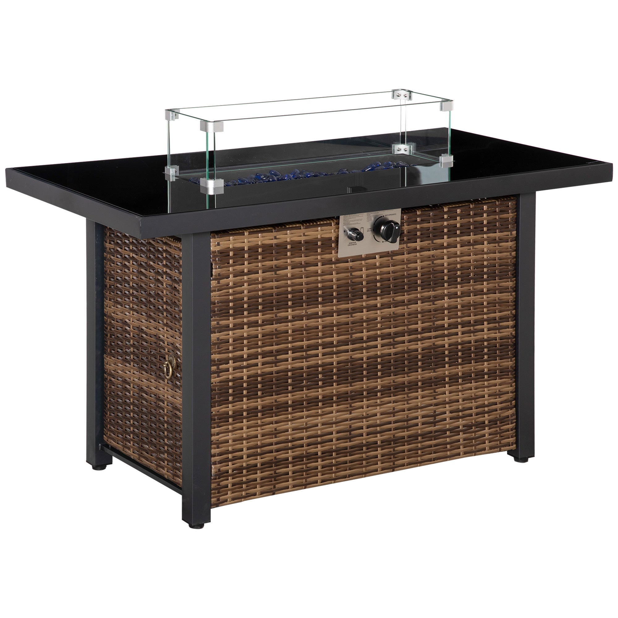 Outsunny Propane Fire Pit Table 43in Outdoor Square Fire Table, 50,000 BTU Pulse-Ignition Wicker Firepit Furniture Wind Guard 