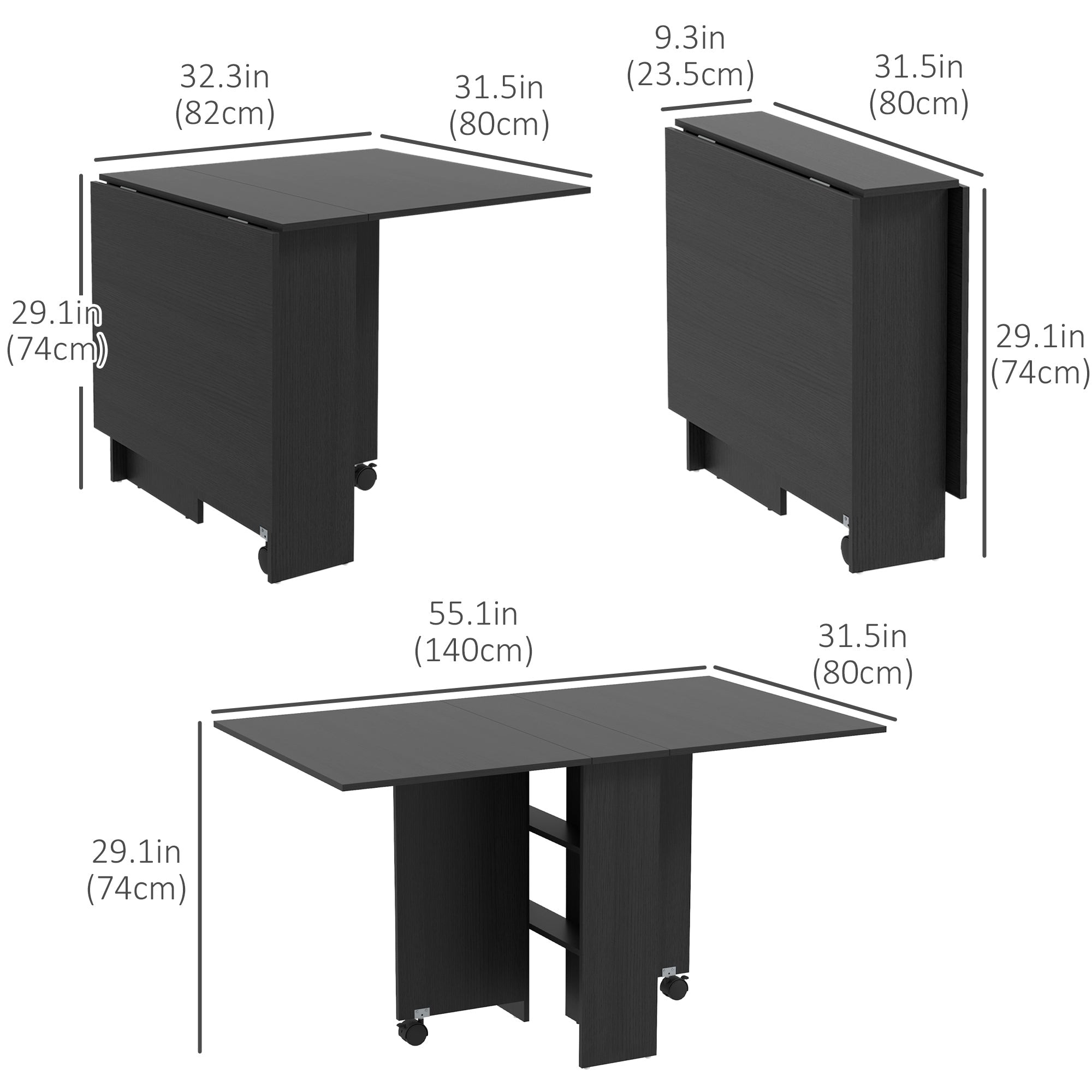 HOMCOM Foldable Dining Table with Storage Shelves Drop Leaf Rolling Wheel for Small Spaces 