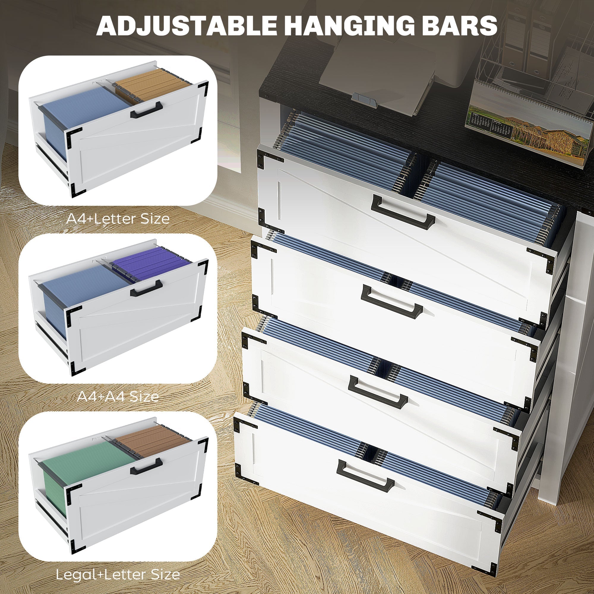 HOMCOM 4 Drawer Filing Cabinet, Farmhouse Office Storage Cabinet with Adjustable Hanging Bars for Letter, A4, Legal Size, White 