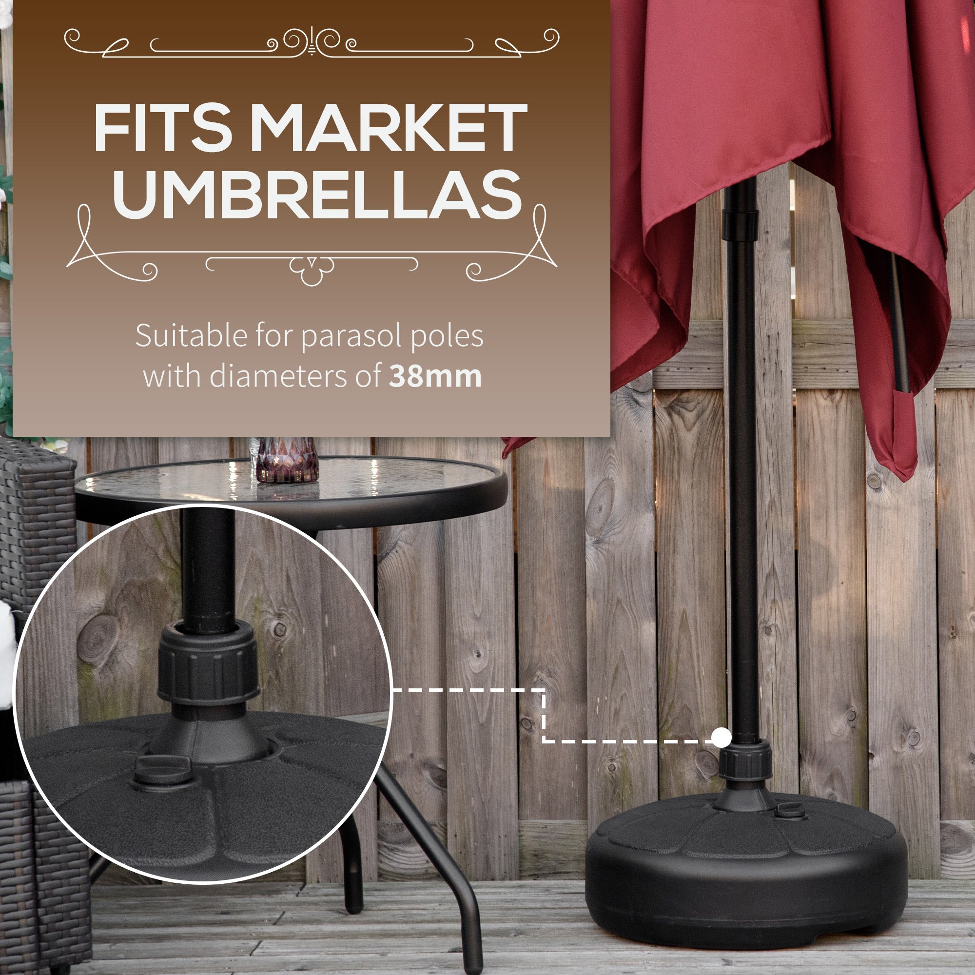 Outsunny Patio Umbrella Base, Round Umbrella Stand, Water or Sand Filled, Garden Umbrella Holder for 1.26", 1.5" Poles, Black 