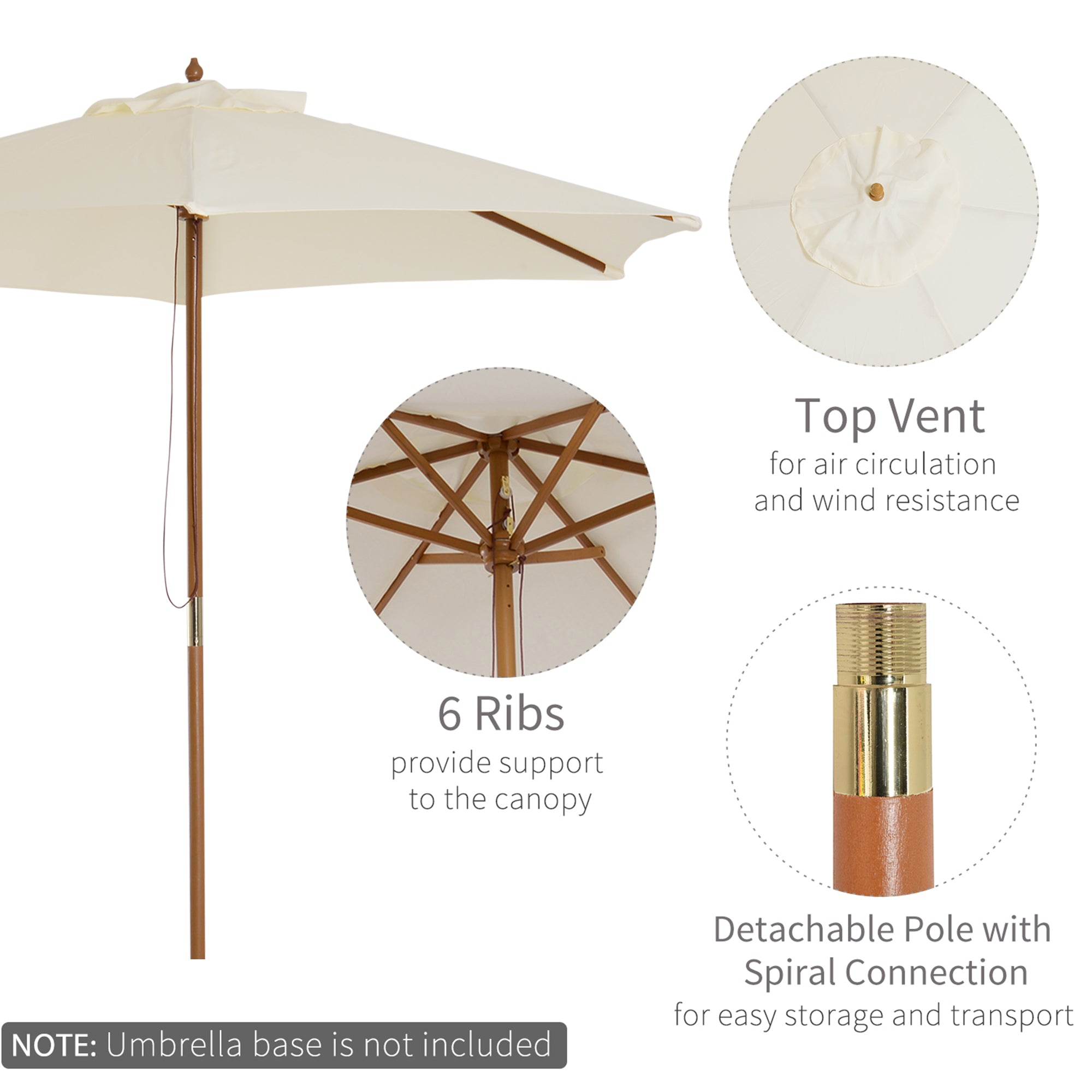 Outsunny Radiant Retreat: 8FT Cream White Wood Market Umbrella, Round Patio Garden Parasol with Bamboo Ribs and Vent 