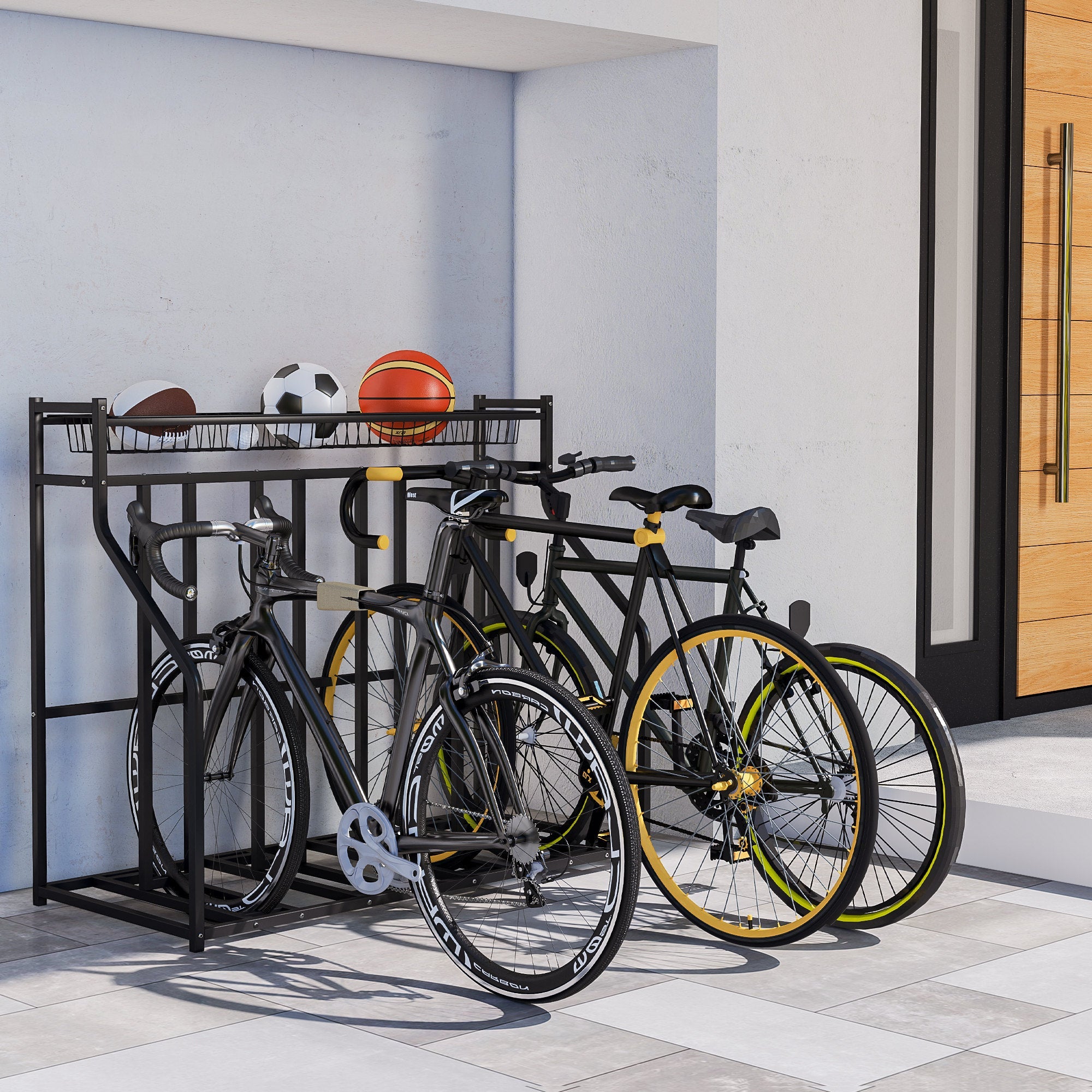 Soozier 4 Bicycle Bike Stand, Metal Floor Bike Storage Rack with Basket, Hooks, Indoor Outdoor Bicycle Stand, Black 