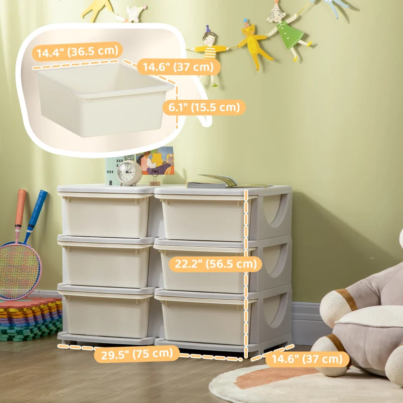 Qaba 3 Tier Kids Toy Organizer and Storage Bins with 6 Plastic Drawers, Cream White