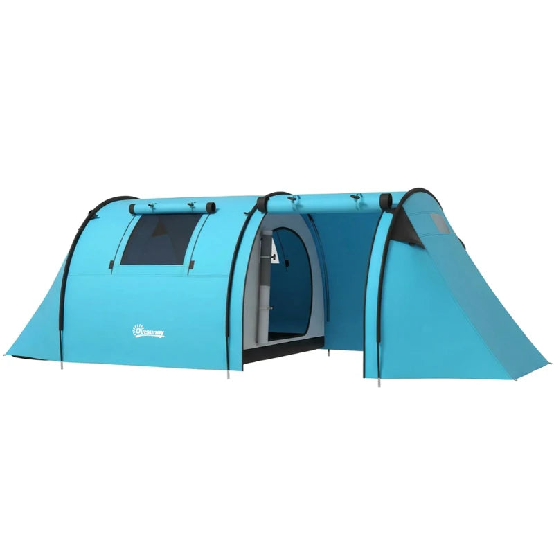 Outsunny 3-4 Person Camping Tent with 2 Rooms, 3000mm Waterproof Family Tunnel Tent with Carry Bag – Sky Blue