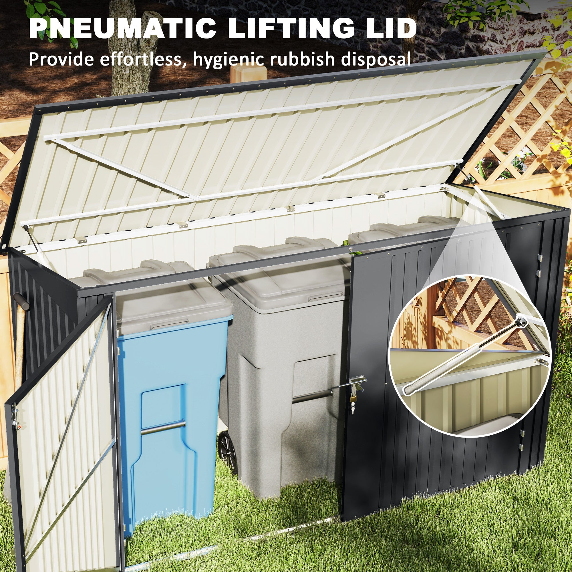 Outsunny 7.6 x 3.4ft Outdoor Storage Shed, Triple Garbage Bin Shed Organizer with Lockable Double Doors and Openable Lid 