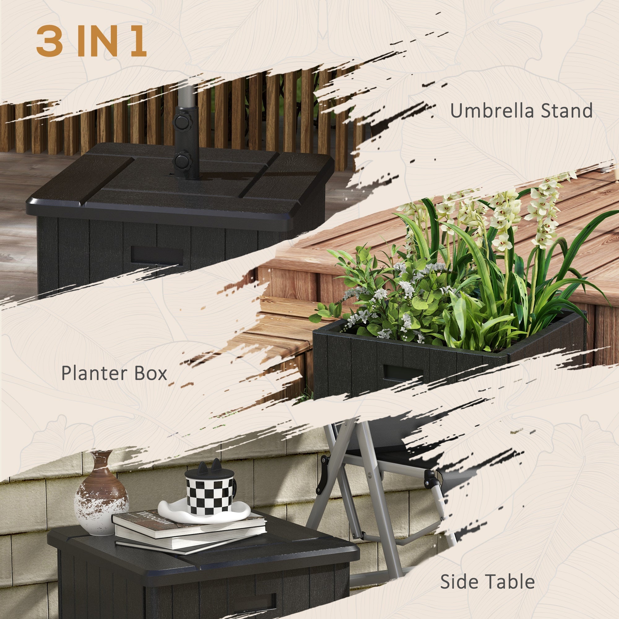 Outsunny 3-in-1 Outdoor Umbrella Base with Wheels and Handles, End Table, Flower Box Planter with Hole, 176 lbs. Capacity, Black 