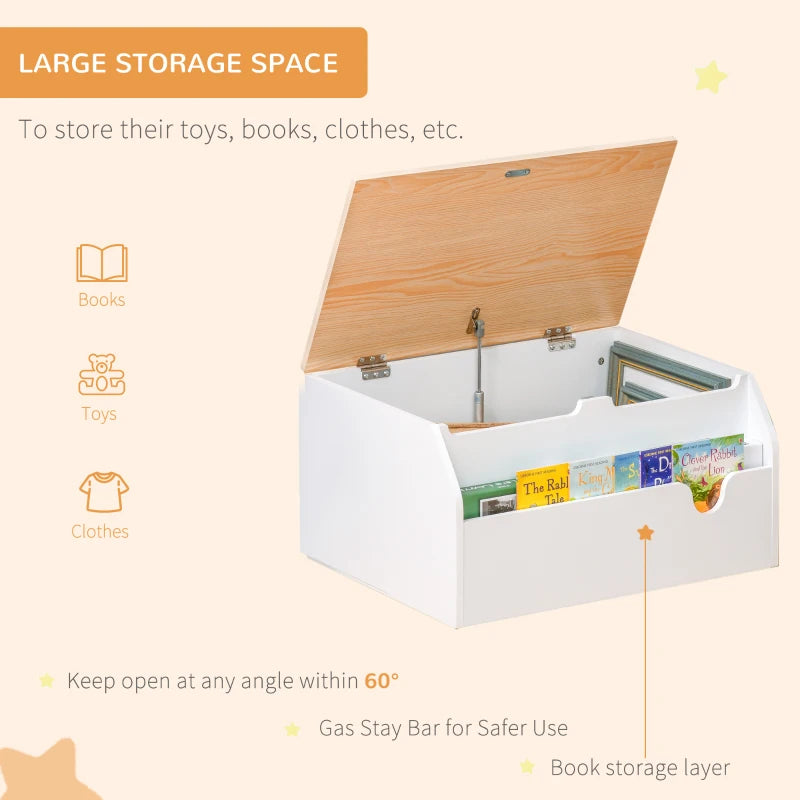 Qaba Wooden Kids Toy Box with Lid, Children Storage Organizer with Safety Hinge, Toy Trunk Chest, White