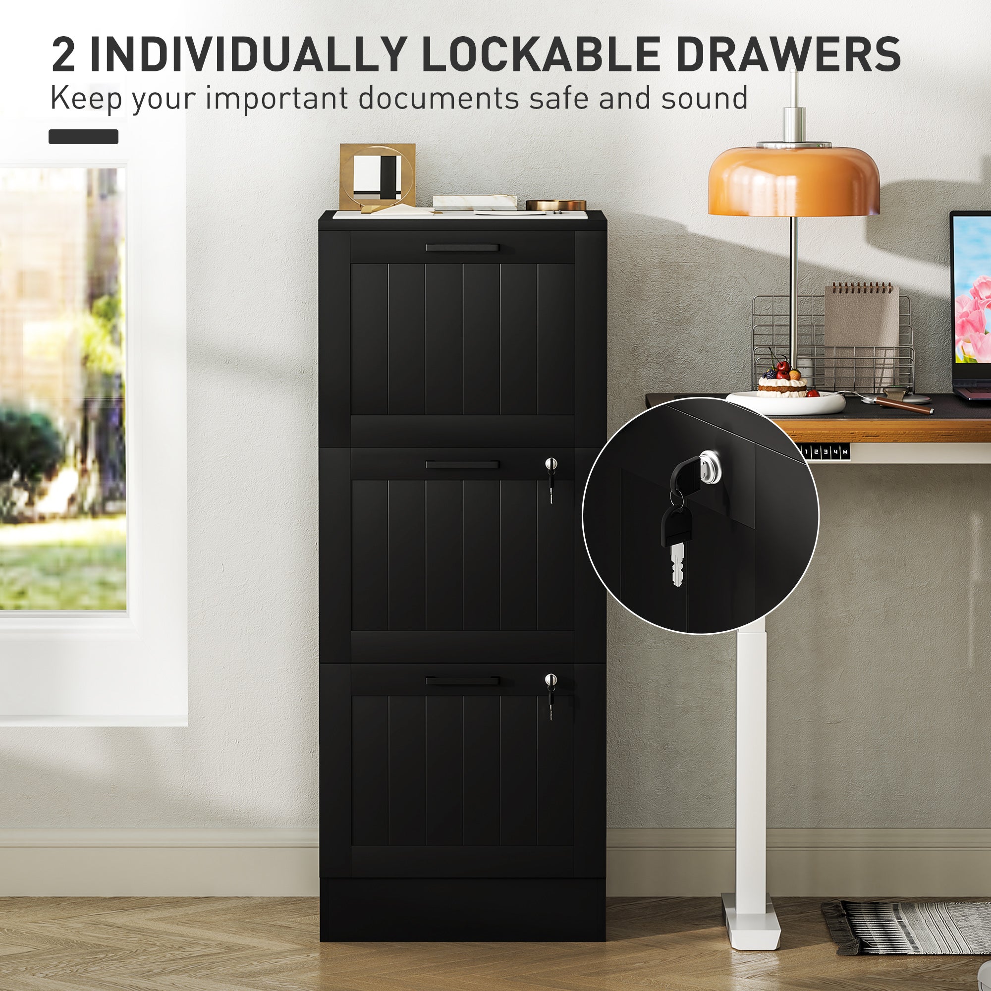 HOMCOM 3 Drawer Filing Cabinet with Lock, Office Storage Cabinet with Adjustable Hanging Bars for A4 Letter Size Files, Black 
