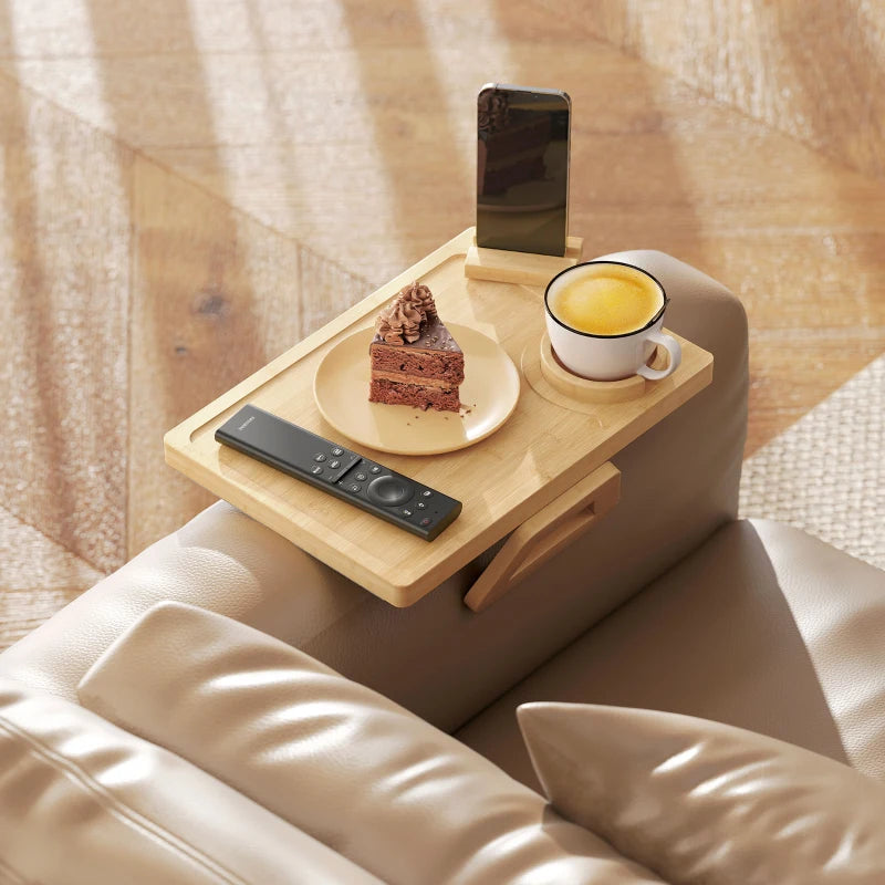 Couch Arm Tray, Clip-On Side Table with 360° Rotating Phone Holder and Removable Cup Holder, Natural