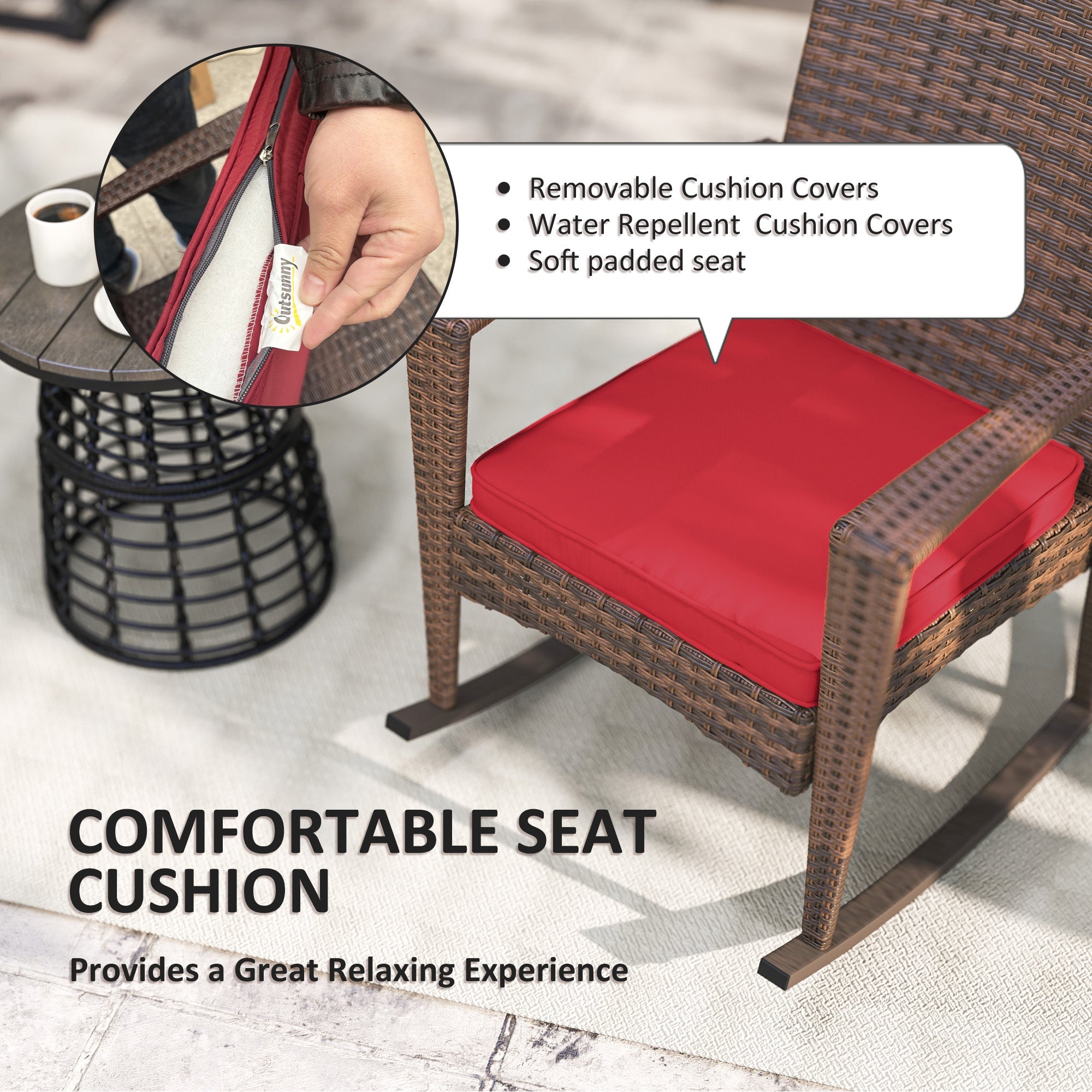 Outsunny Outdoor PE Rattan Rocking Chair, Garden Glider Rocking Chair, Wicker Patio Chair Set with Armrest and Cushion, Wine Red 